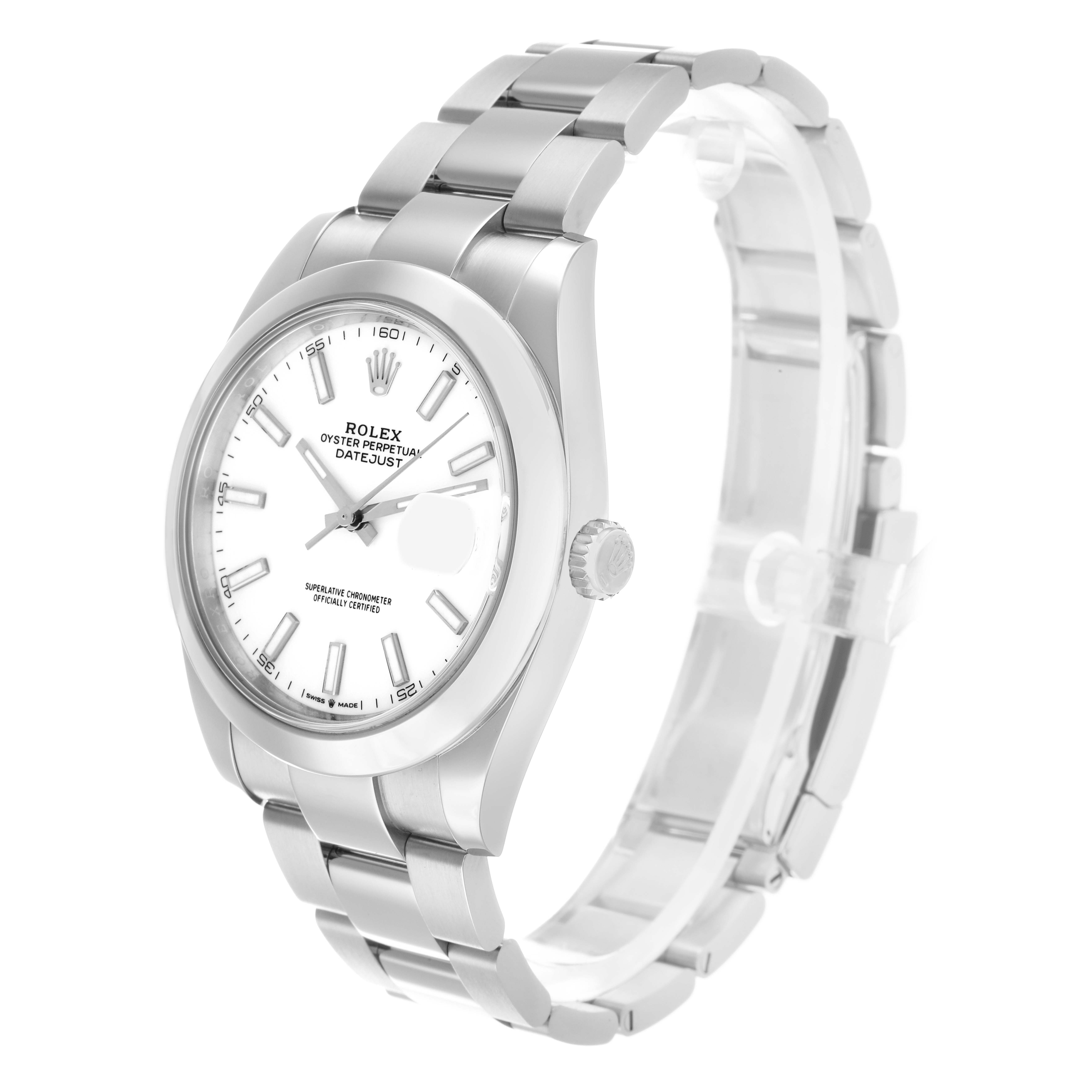 The Rolex Datejust 126300 Men
s Stainless Steel White Dial watch is shown at a three-quarter angle, displaying the face, bracelet, and crown.