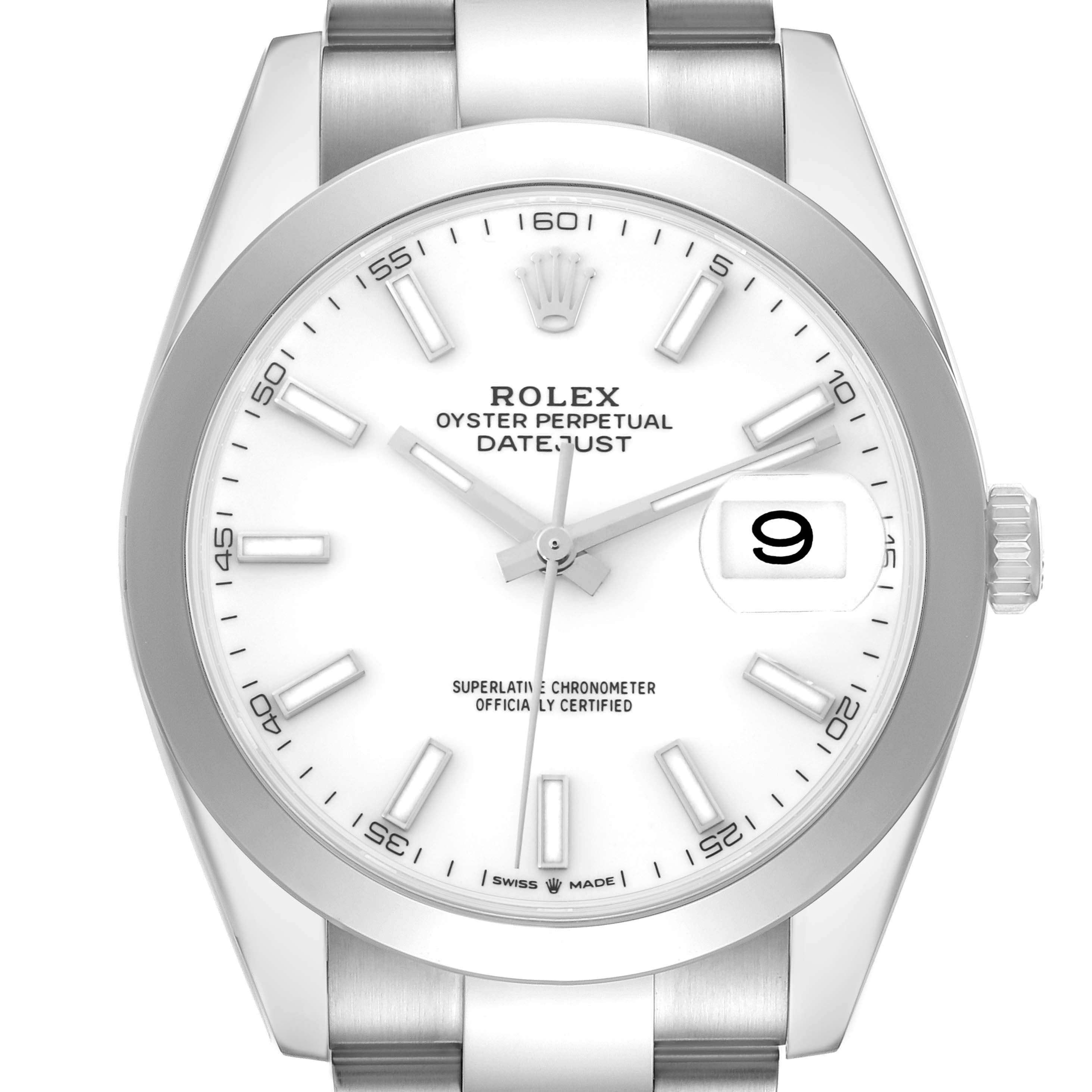 The Rolex Datejust 126300 Men
s Stainless Steel White Dial watch is shown from a front angle, highlighting the face, bezel, and part of the bracelet.