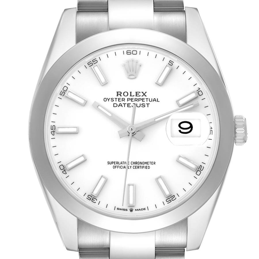 The Rolex Datejust 126300 Men's Stainless Steel White Dial watch is shown from a front angle, highlighting the face, bezel, and part of the bracelet.