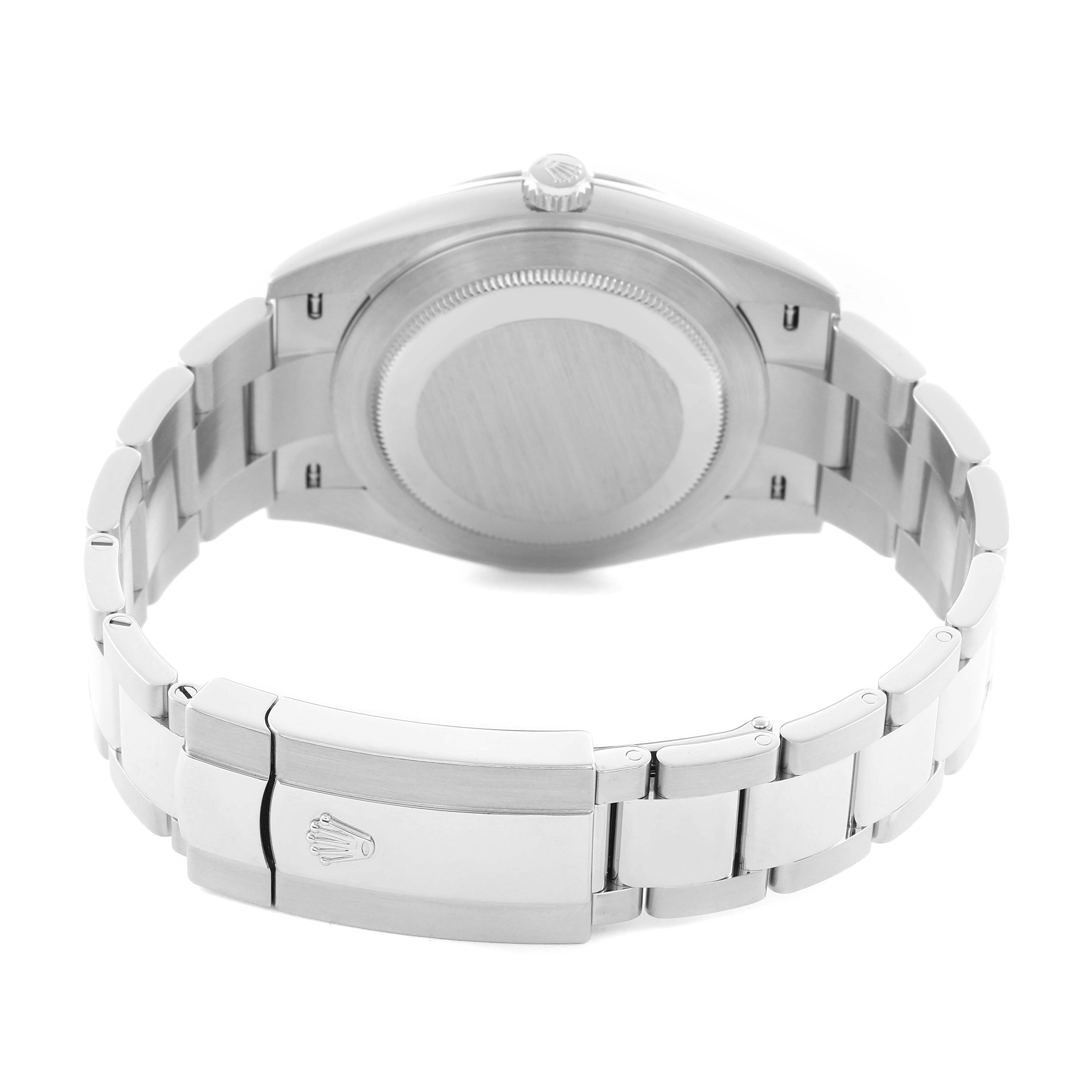 The image shows the back of a Rolex Datejust 126300 Men
s Stainless Steel White Dial watch, highlighting the clasp and bracelet.