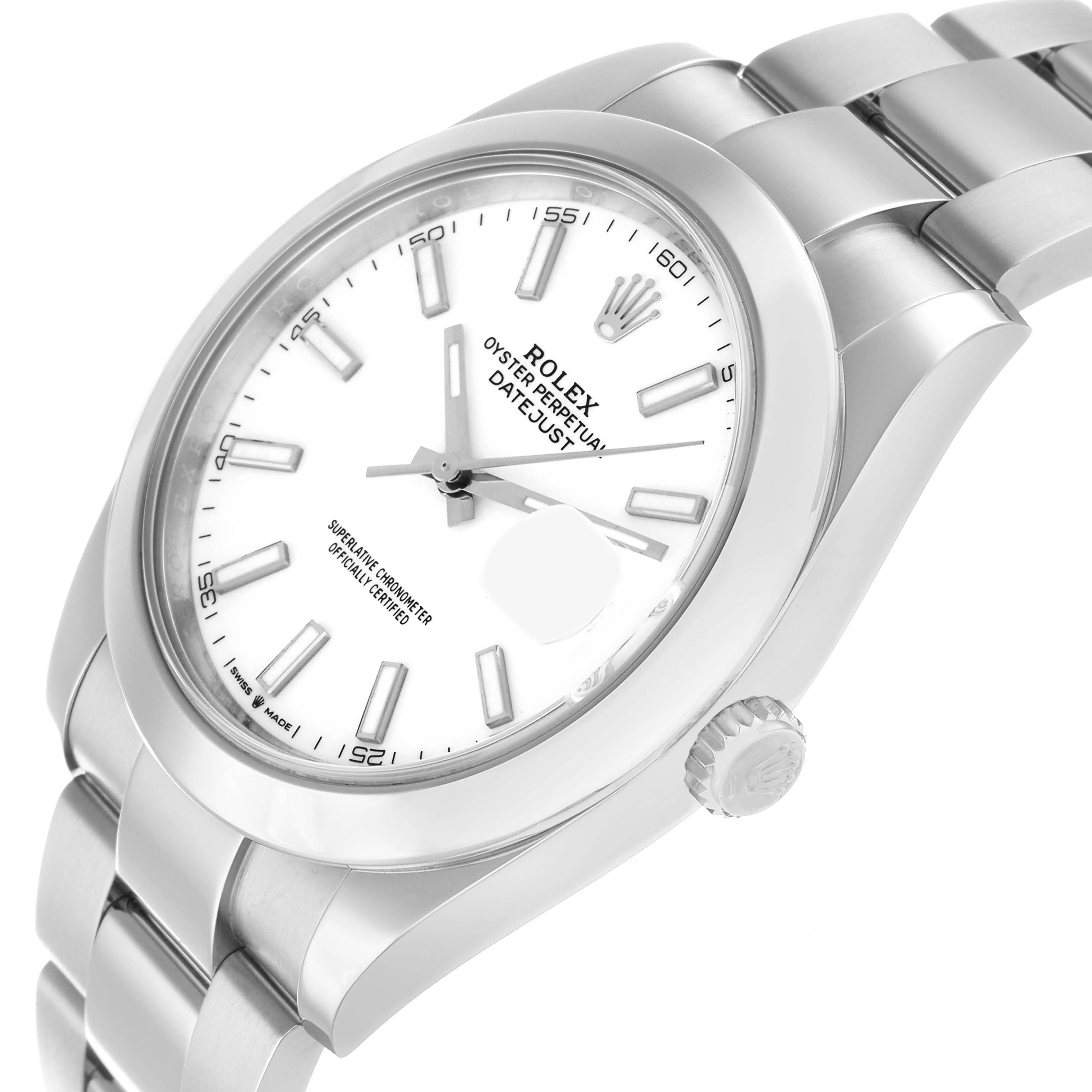 The Rolex Datejust 126300 Men
s Stainless Steel White Dial is shown at an angled side view, highlighting the dial, bezel, crown, and part of the bracelet.