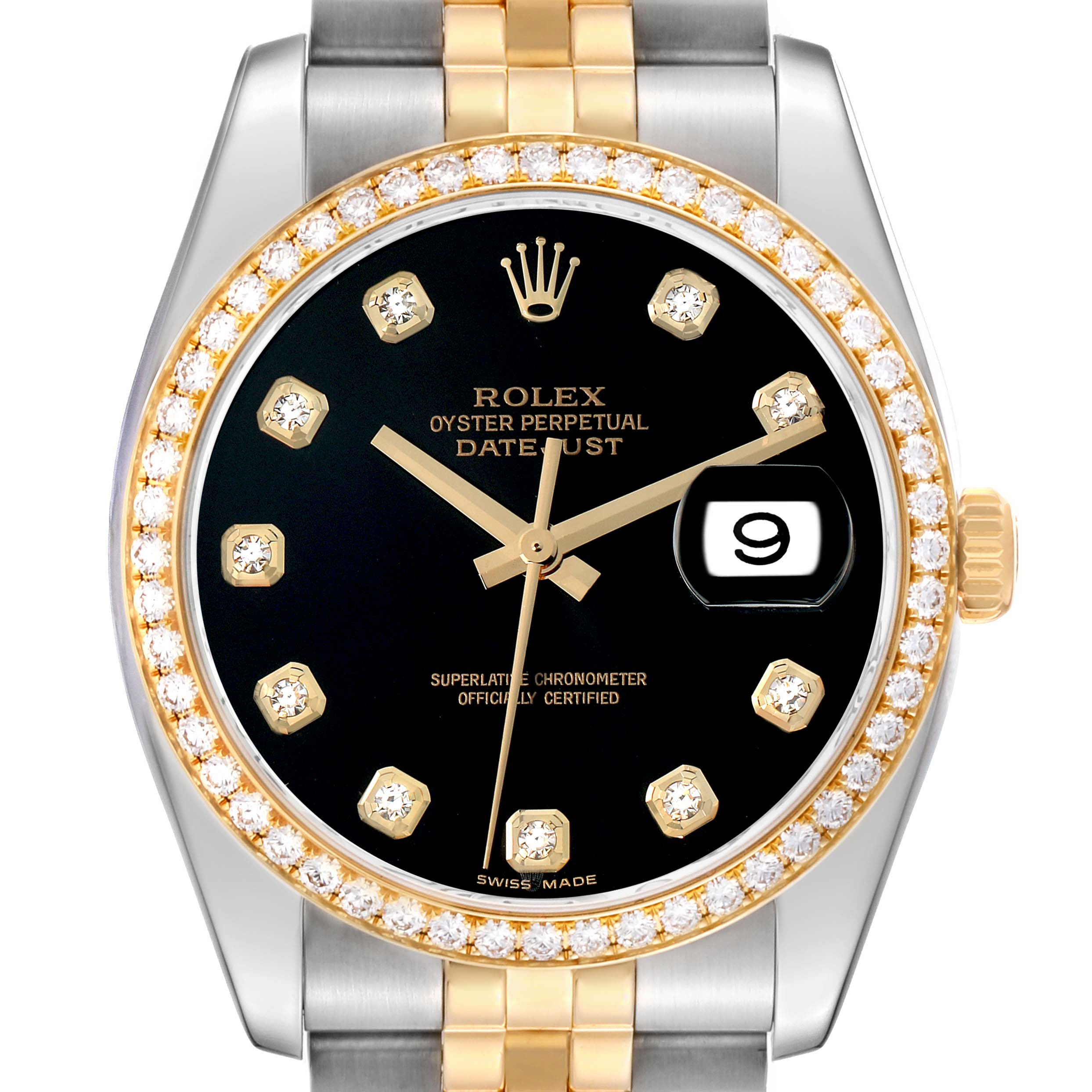 The Rolex Datejust 116243 Men's Steel and Gold (two tone) Black Dial watch is shown from a front angle, displaying its black dial, diamond markers, gold bezel, and two-tone bracelet.