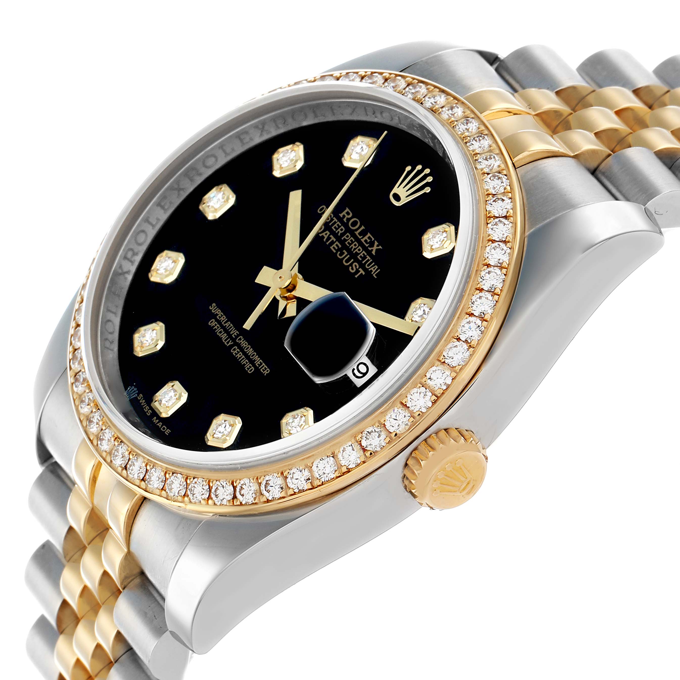 The Rolex Datejust 116243 Men's Steel and Gold (two tone) Black Dial watch is shown from a side angle, highlighting the diamond bezel, black dial, gold markers, and jubilee bracelet.