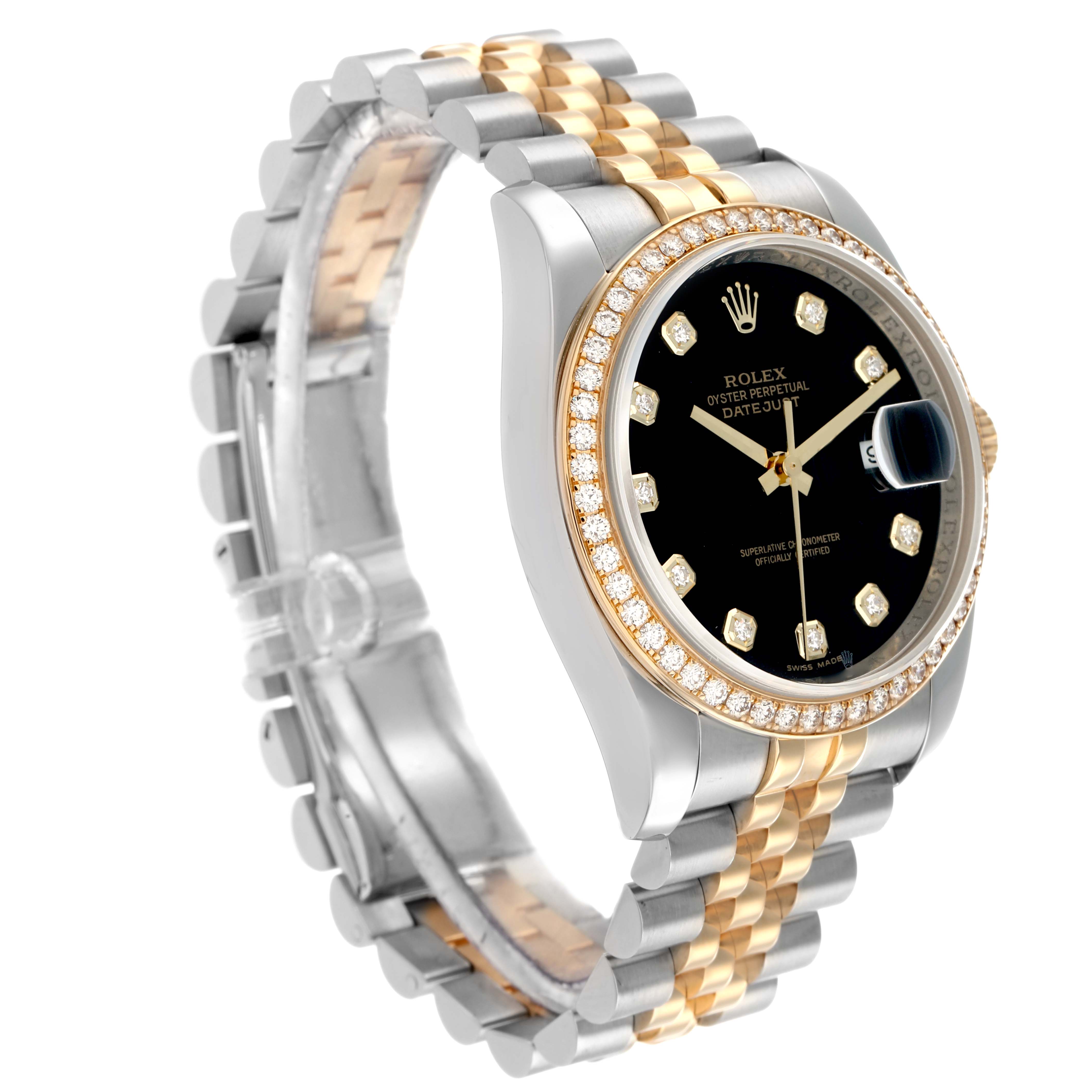 The Rolex Datejust 116243 Men's Steel and Gold (two tone) Black Dial watch is shown at an angled side view, displaying its bezel, black dial with diamond markers, and Jubilee bracelet.