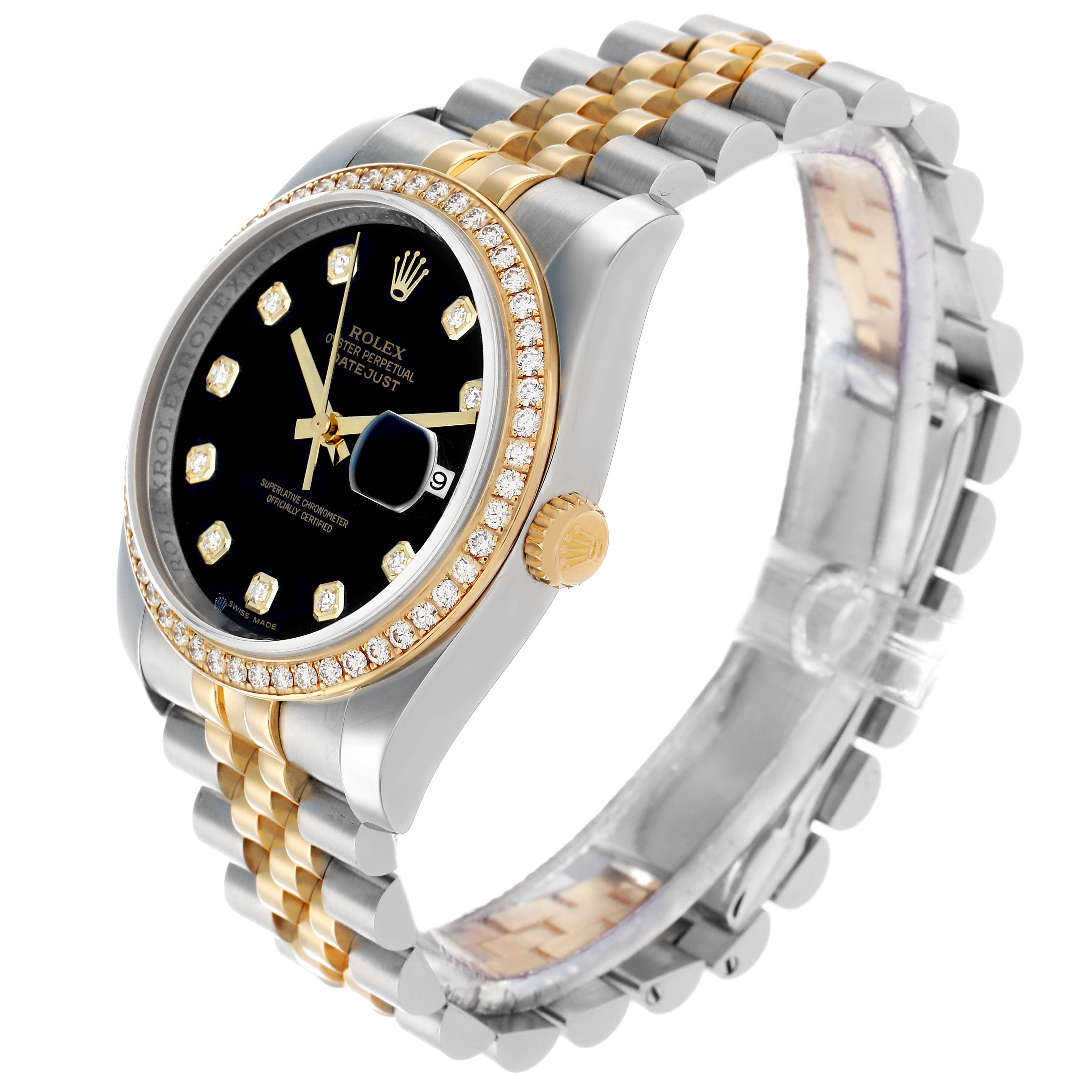 The Rolex Datejust 116243 Men's Steel and Gold (two tone) Black Dial watch is shown from a three-quarter angle, highlighting the bezel, crown, dial, and Jubilee bracelet.