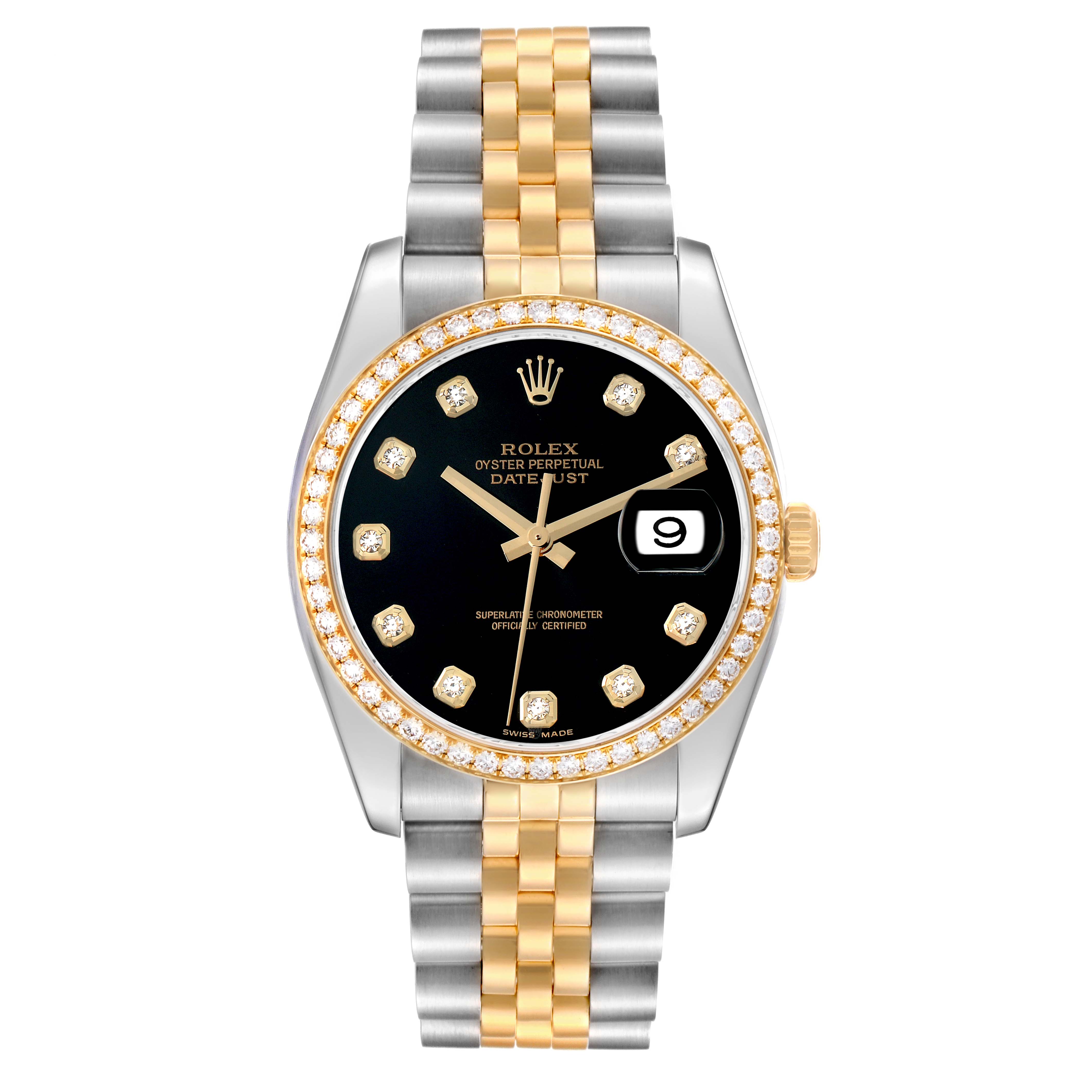 The Rolex Datejust 116243 Men's Steel and Gold (two tone) Black Dial watch is shown front-on, displaying the face, bezel, bracelet, and crown.