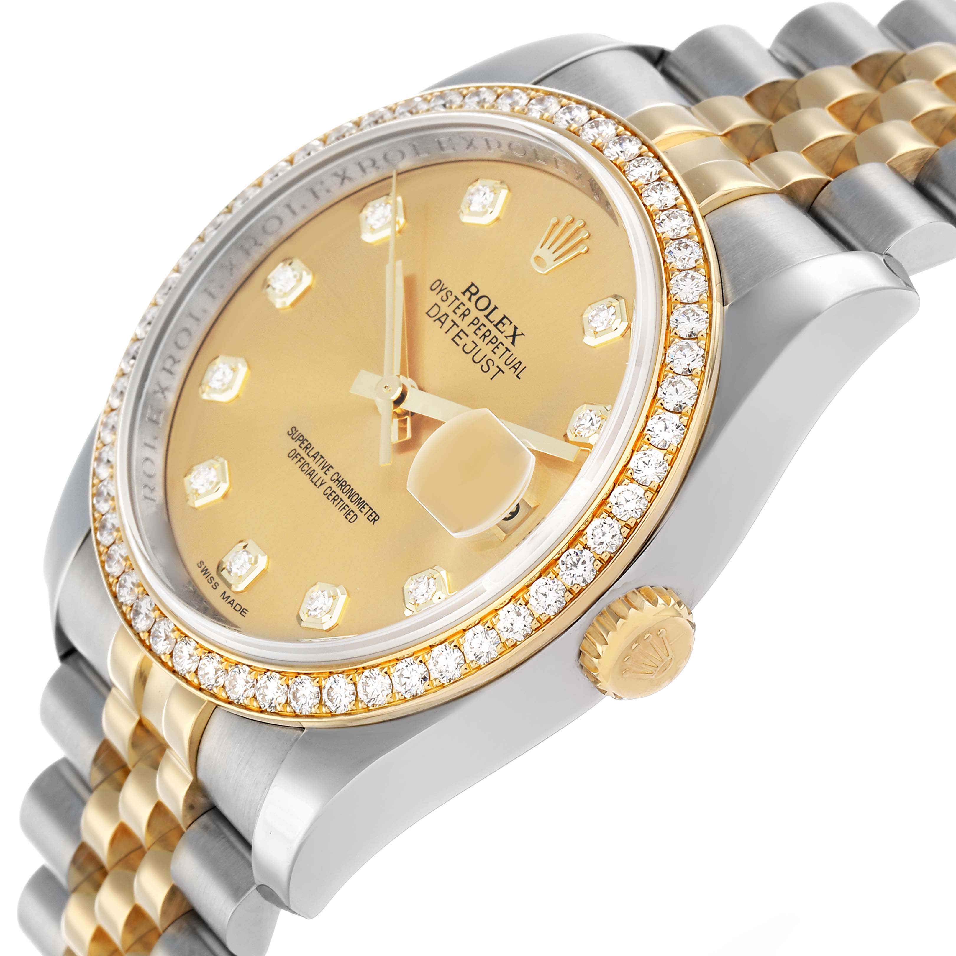 The Rolex Datejust 116243 Men
s Steel and Gold (two tone) Champagne Dial watch is shown at an angle highlighting the diamond bezel, dial, crown, and part of the bracelet.