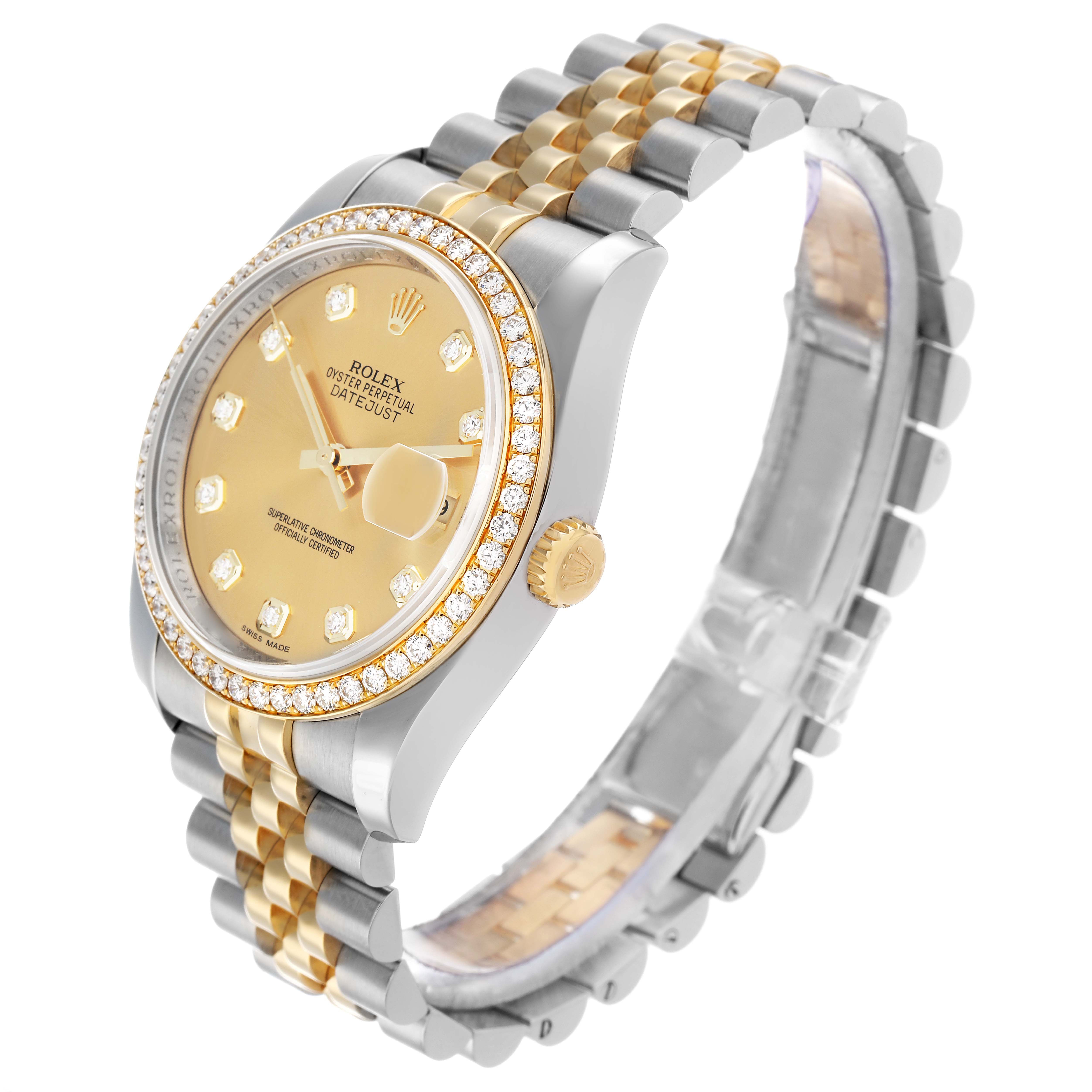 The Rolex Datejust 116243 Men
s Steel and Gold (two tone) Champagne Dial watch is shown at a three-quarter angle, displaying the bezel, dial, bracelet, and crown.