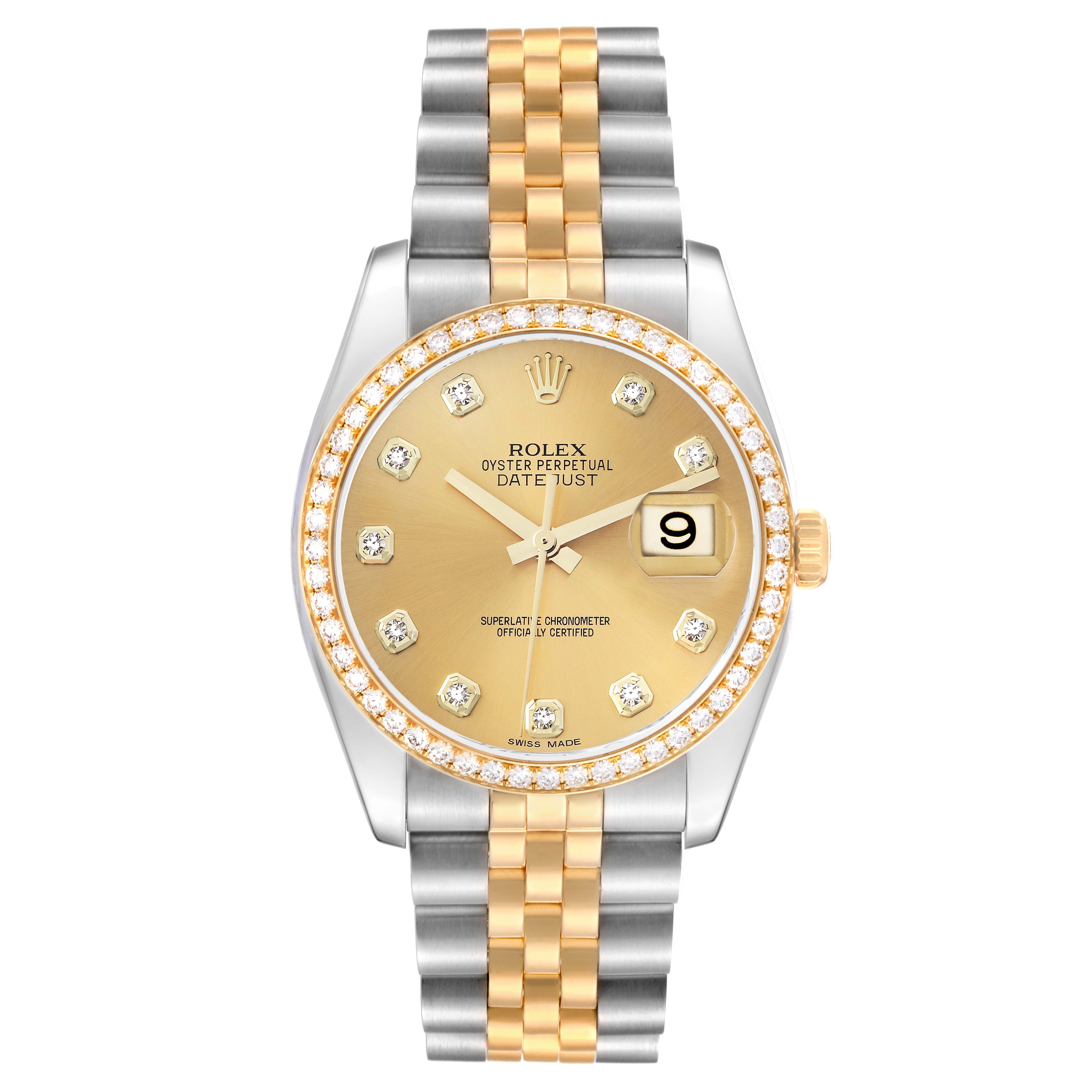 The Rolex Datejust 116243 Men
s Steel and Gold (two tone) Champagne Dial is shown from a top-down angle, highlighting the face, bezel, and bracelet.