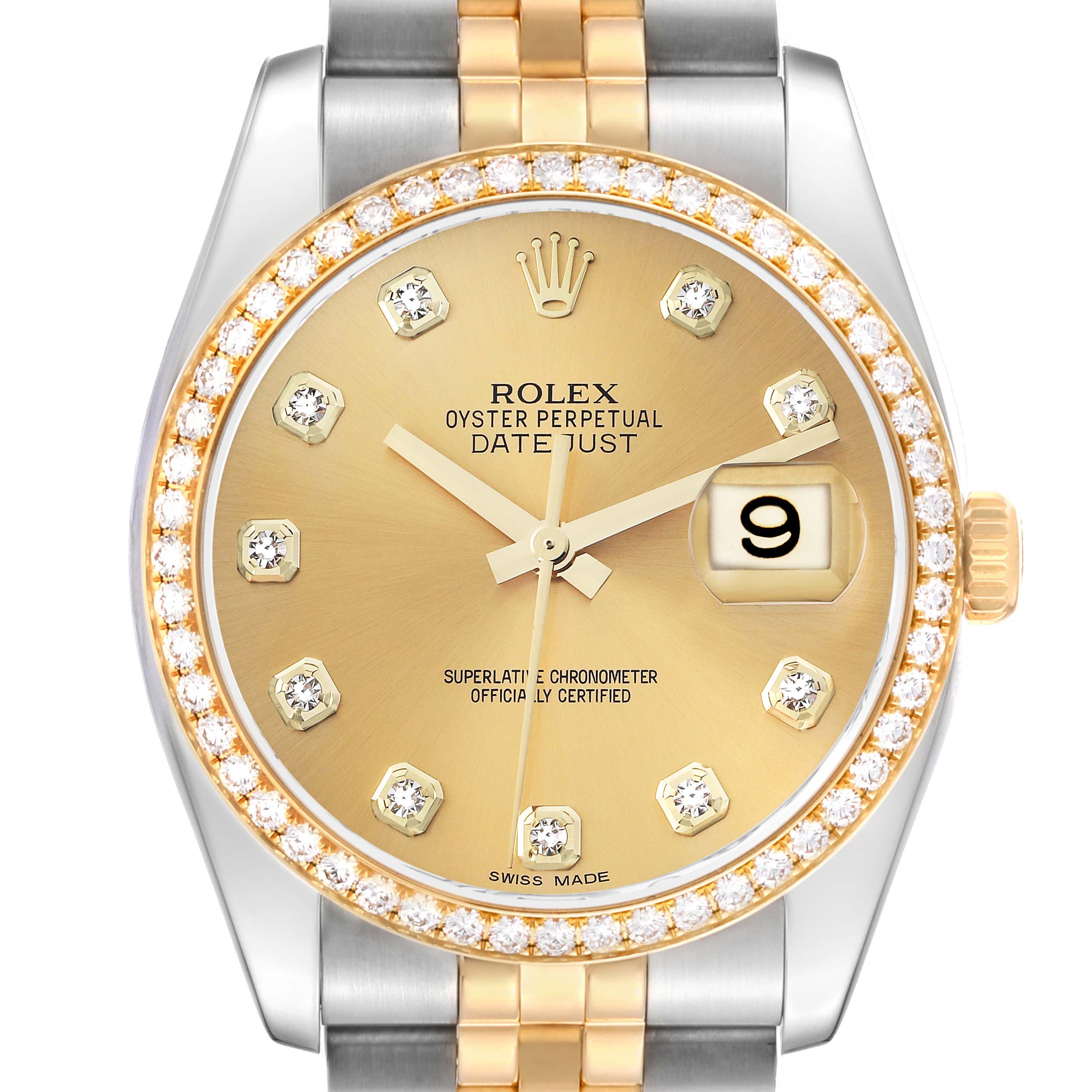 The Rolex Datejust 116243 Men
s Steel and Gold (two tone) Champagne Dial is shown from a front angle, highlighting its gold and diamond bezel, dial, and two-tone bracelet.
