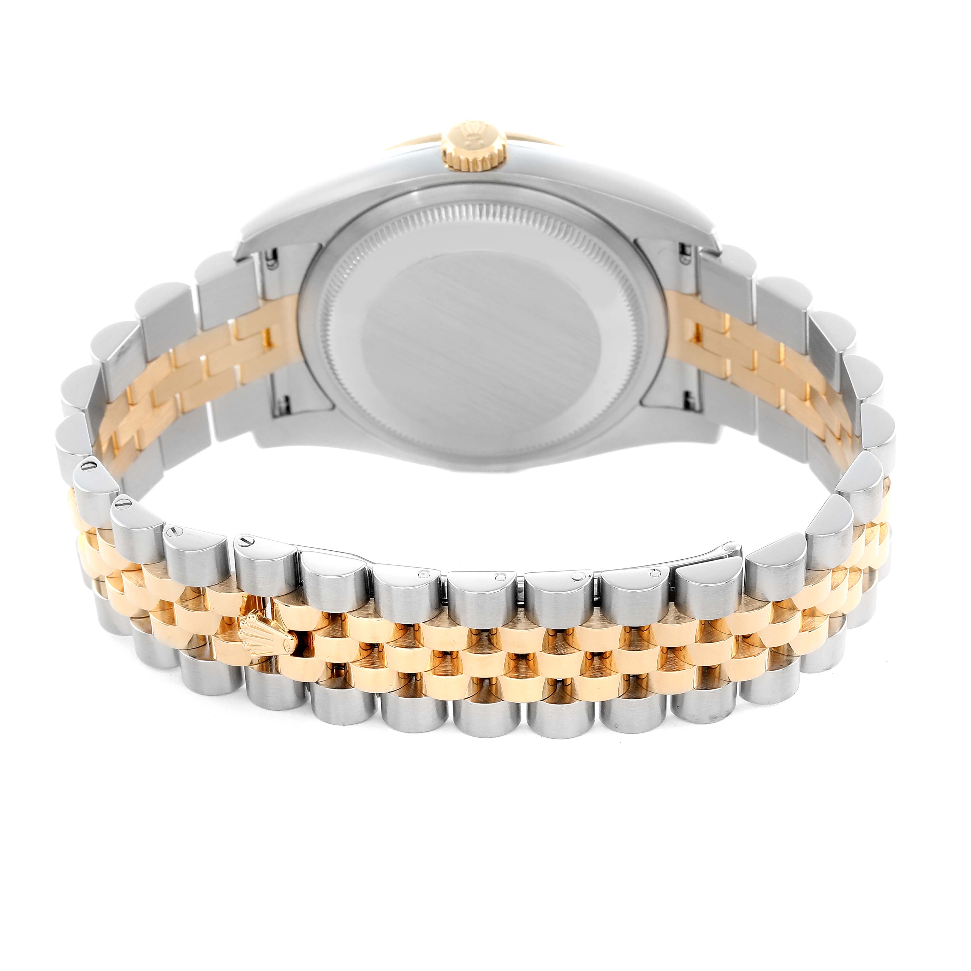 The image shows the back view of a Rolex Datejust 116243 Men
s Steel and Gold (two tone) Champagne Dial, featuring its case back and two-tone Jubilee bracelet.