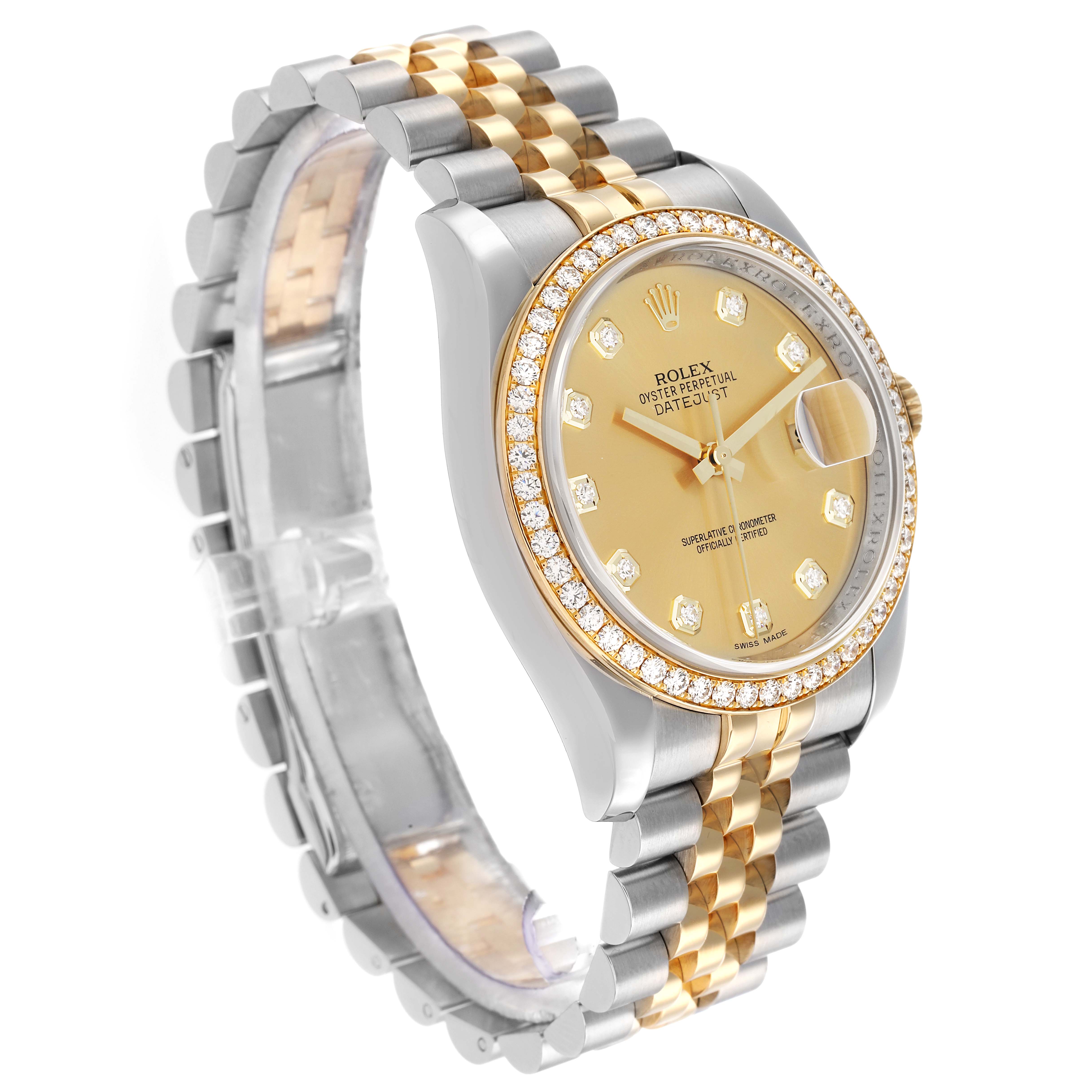 The Rolex Datejust 116243 Men
s Steel and Gold (two tone) Champagne Dial watch is shown from a front-angle, highlighting the dial, bezel, and bracelet.