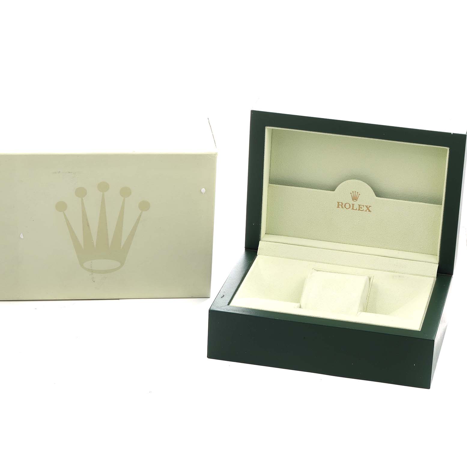 The image shows an open Rolex Datejust 116243 Men
s Steel and Gold (two tone) Champagne Dial box with its exterior packaging, viewed from a front angle.