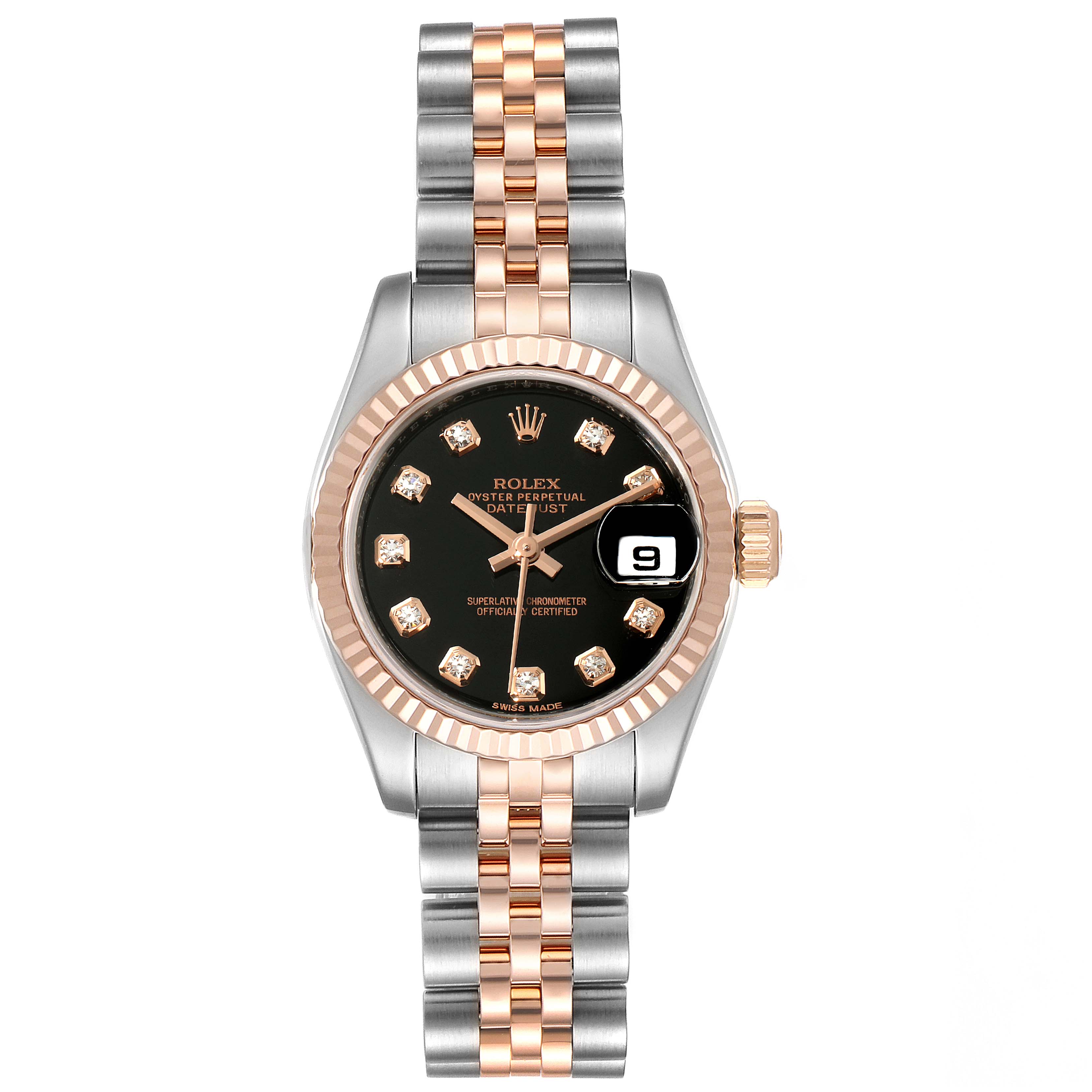The image shows a Rolex Datejust 179171 Women's Rose Gold Black Dial 179171 Women's Rose Gold Black Dial watch from a front angle, displaying the face, bezel, and full bracelet.