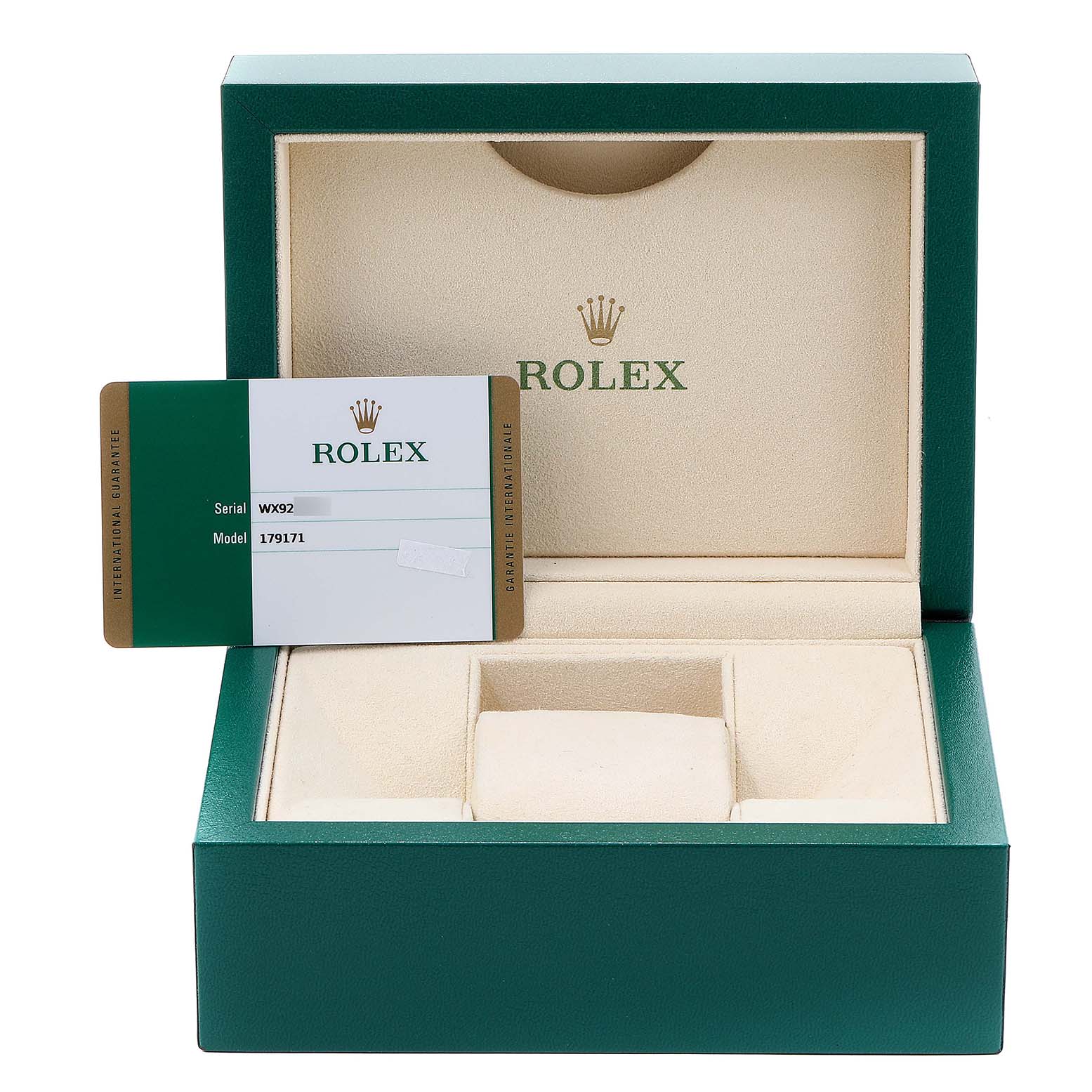 This image shows an open Rolex Datejust 179171 Women's Rose Gold Black Dial 179171 Women's Rose Gold Black Dial watch box with an accompanying international guarantee card inside.