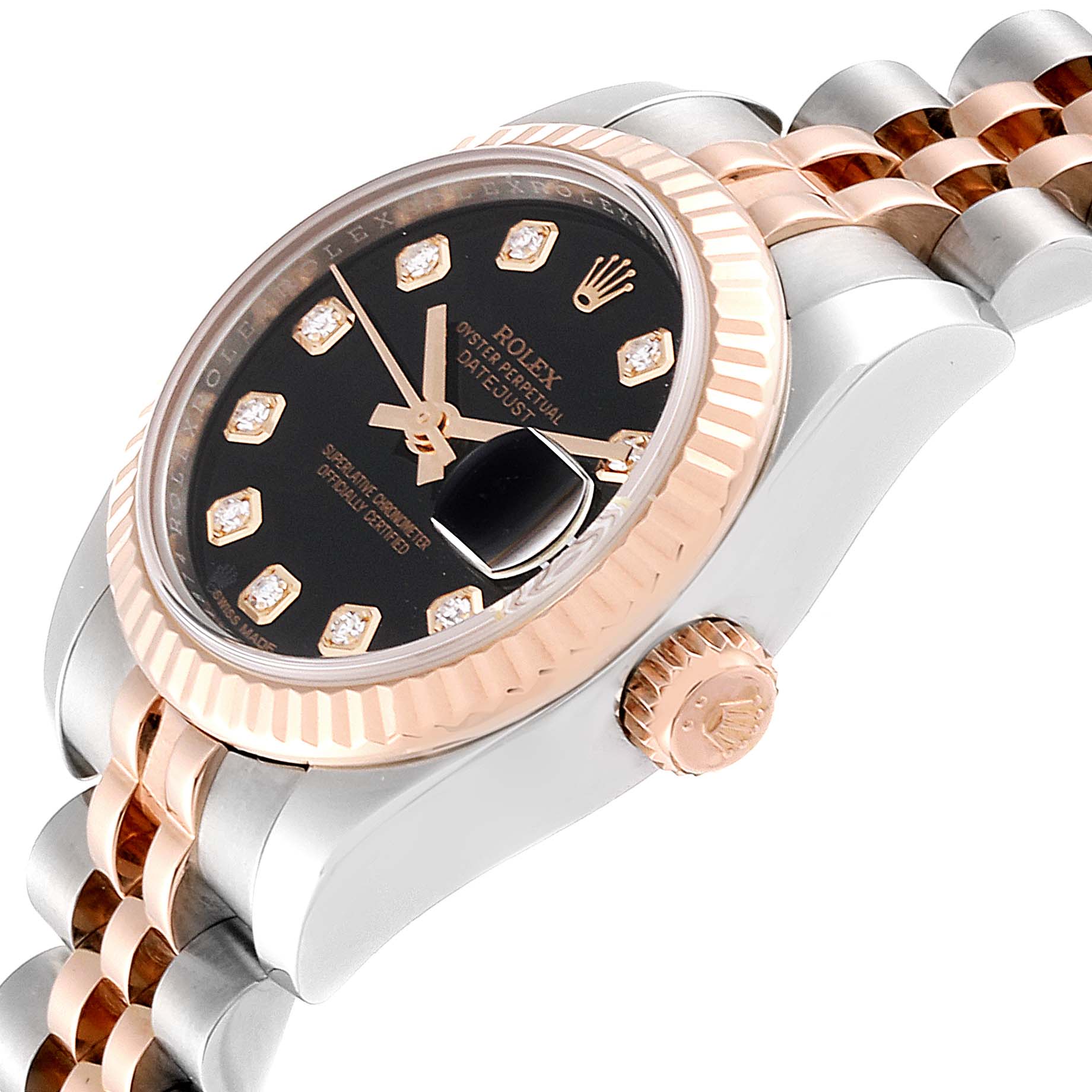 The image shows a close-up side angle of the Rolex Datejust 179171 Women's Rose Gold Black Dial 179171 Women's Rose Gold Black Dial, displaying the bezel, crown, and part of the bracelet.