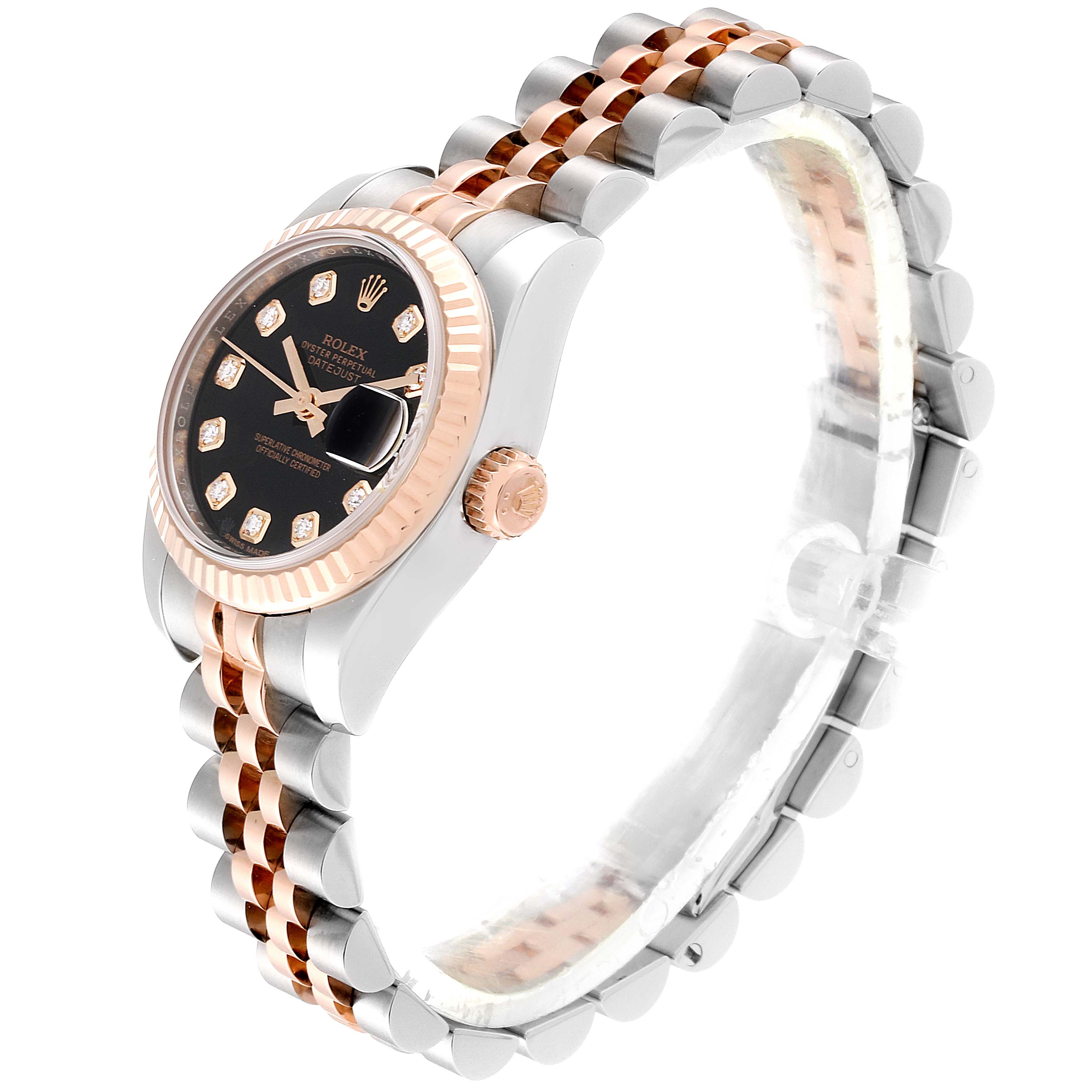 The Rolex Datejust 179171 Women's Rose Gold Black Dial 179171 Women's Rose Gold Black Dial watch is shown at an angle highlighting the face, bezel, crown, and two-tone bracelet.