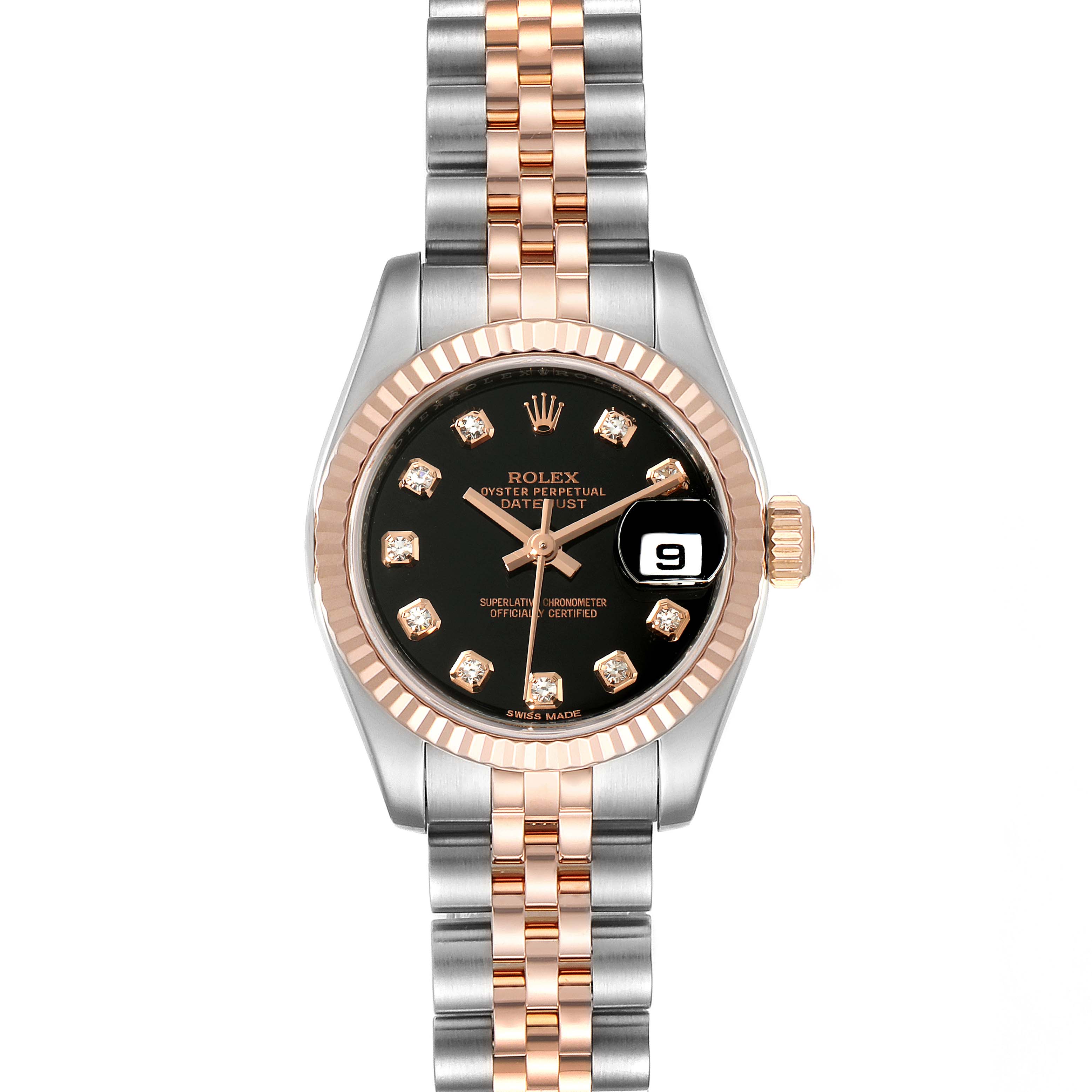 The Rolex Datejust 179171 Women's Rose Gold Black Dial 179171 Women's Rose Gold Black Dial is shown from the front, highlighting its black dial, bezel, and two-tone bracelet.