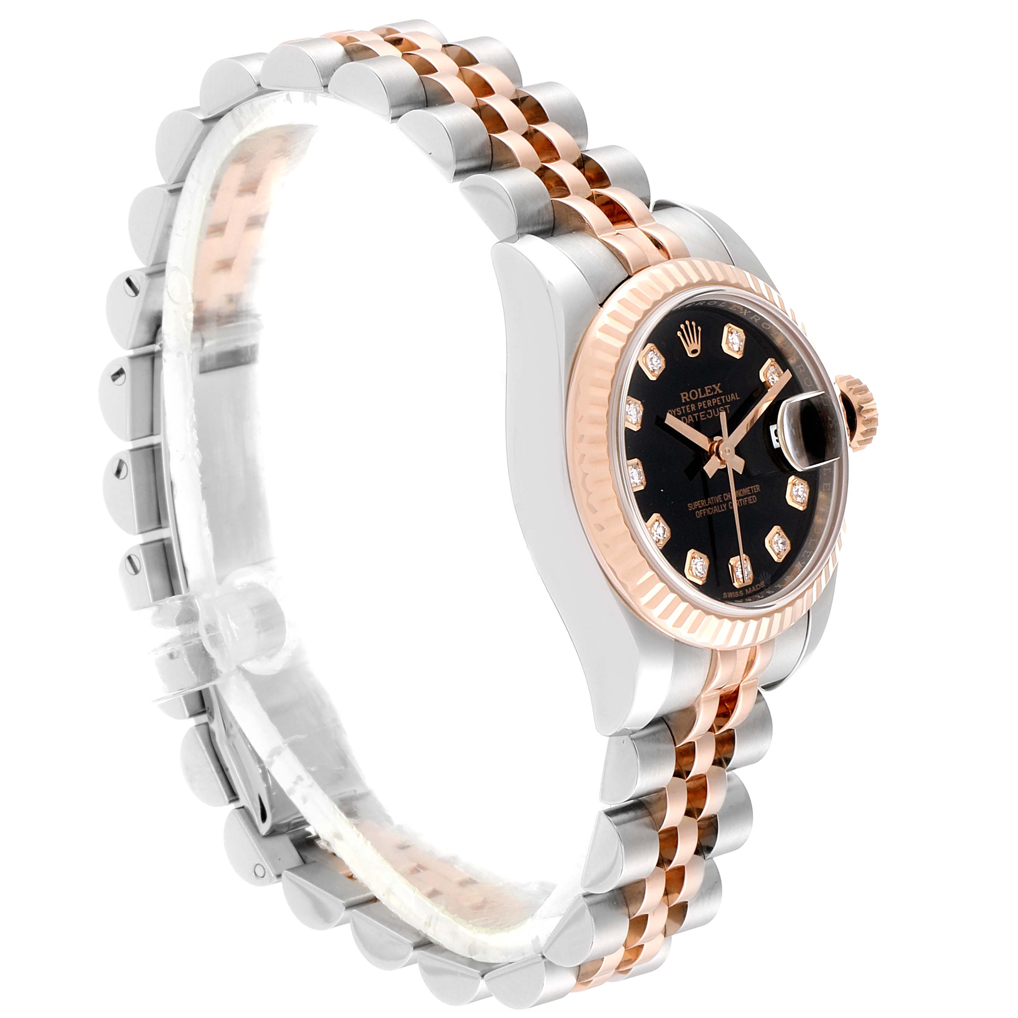 This image shows a side angle of a Rolex Datejust 179171 Women's Rose Gold Black Dial 179171 Women's Rose Gold Black Dial watch, highlighting its two-tone band and black dial with diamond markers.