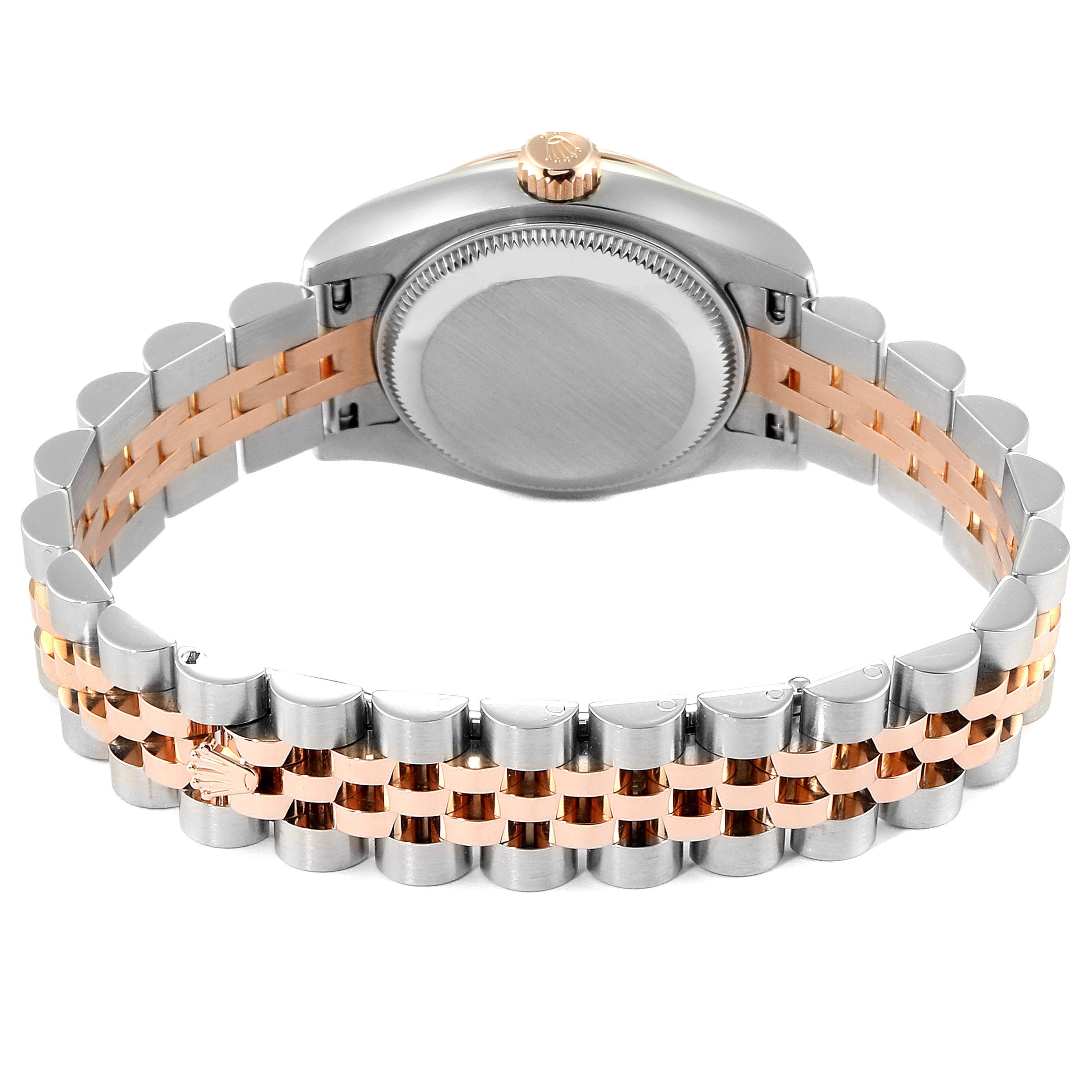 This image shows the back and full bracelet of a Rolex Datejust 179171 Women's Rose Gold Black Dial 179171 Women's Rose Gold Black Dial watch, highlighting its two-tone metal design.
