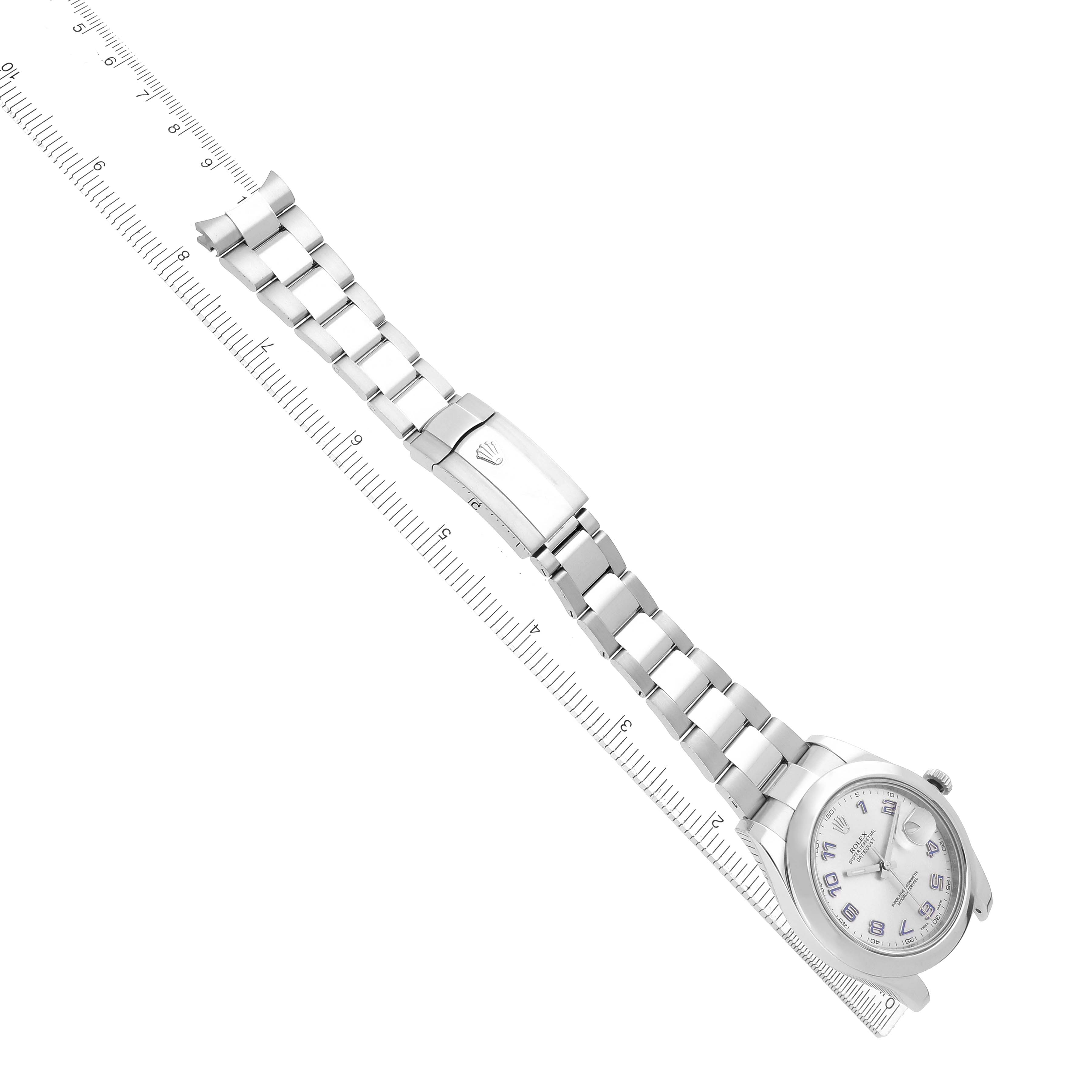 The Rolex Datejust 41 116300 Men
s Stainless Steel Silver Dial is shown at a diagonal angle, displaying the strap, clasp, and watch face alongside a ruler.