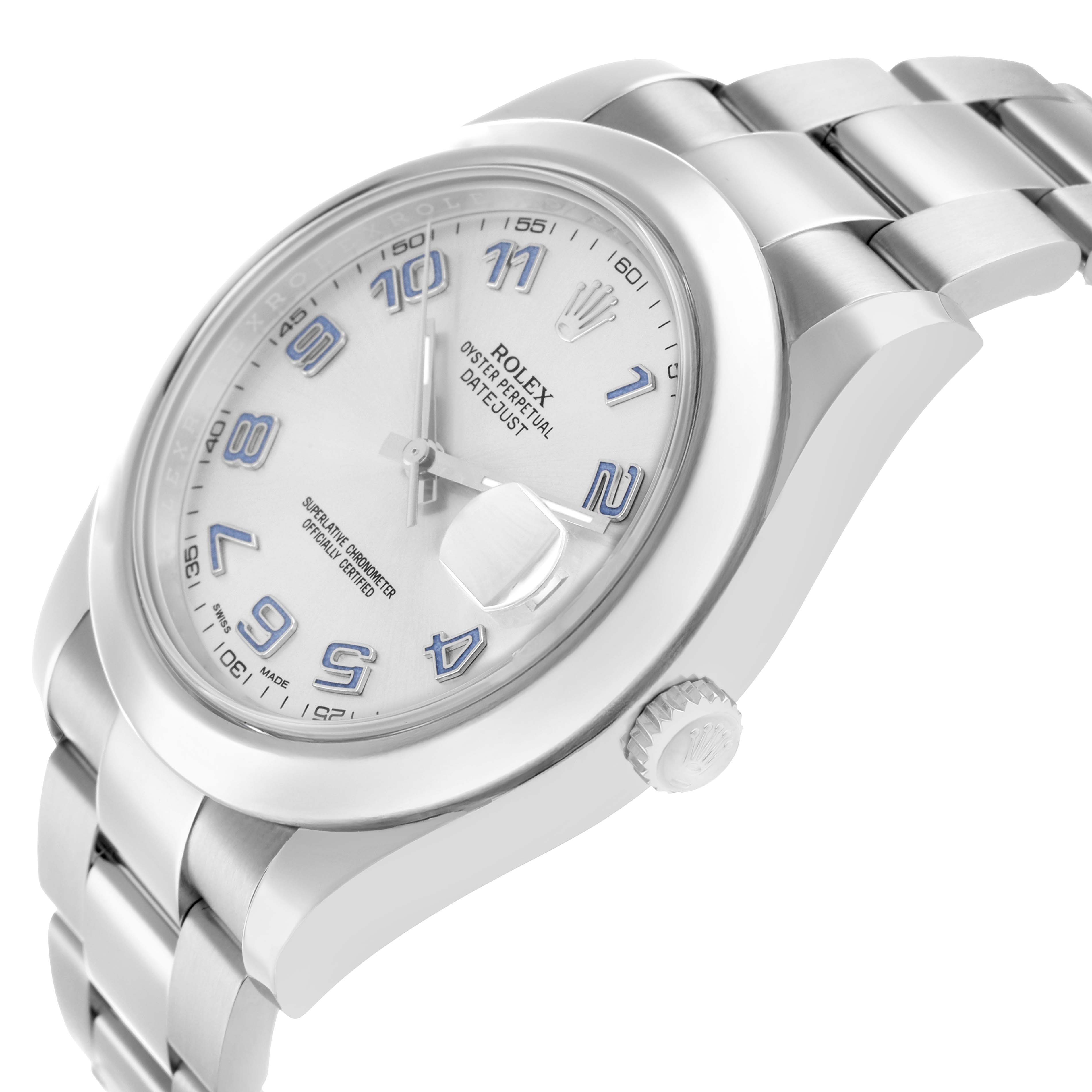 The Rolex Datejust 41 116300 Men
s Stainless Steel Silver Dial is shown at a three-quarter angle, displaying the dial, crown, and bracelet partially.