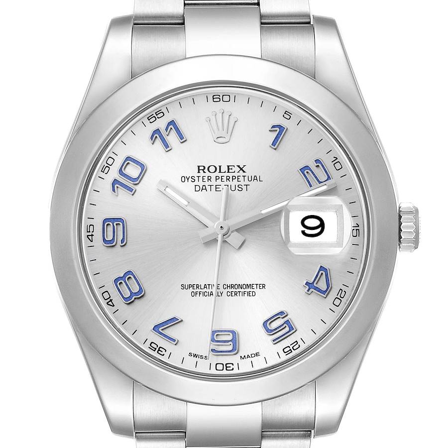 The Rolex Datejust 41 116300 Men's Stainless Steel Silver Dial watch is shown from a front angle, highlighting the dial, hands, numerals, and date magnifier.
