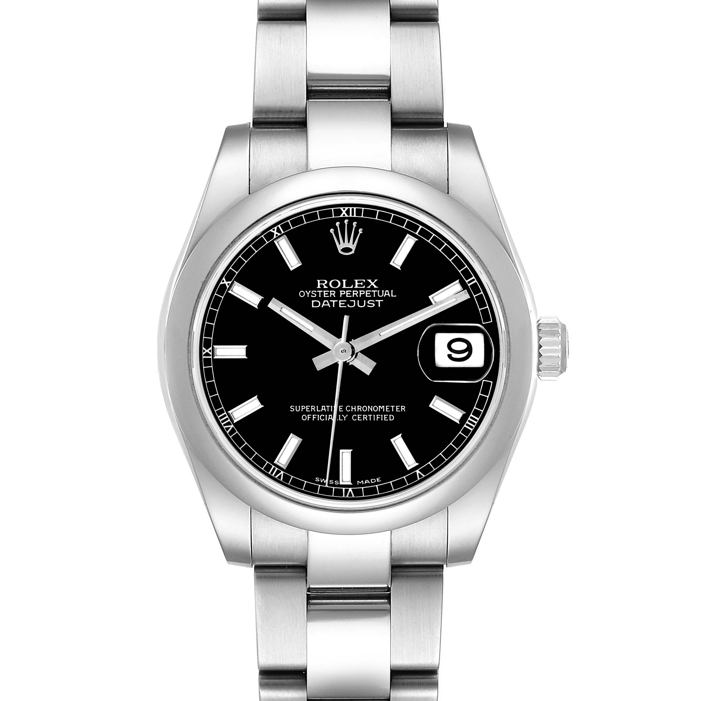 The Rolex Datejust 178240 Women's Stainless Steel Black Dial watch is shown from a front angle, displaying the dial, bezel, bracelet, and crown.