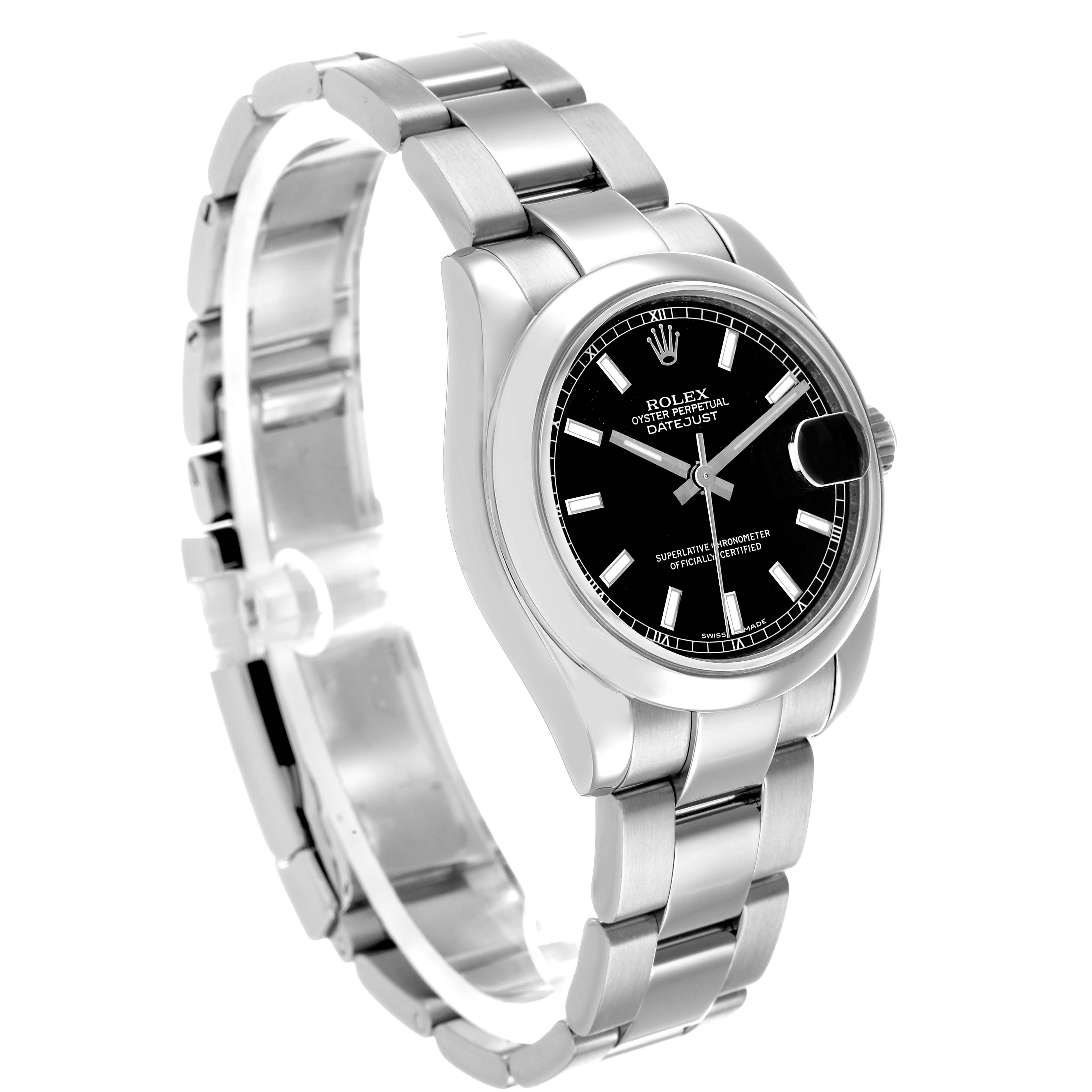 The Rolex Datejust 178240 Women's Stainless Steel Black Dial watch is shown at a three-quarter angle, highlighting the dial, bezel, crown, and bracelet.