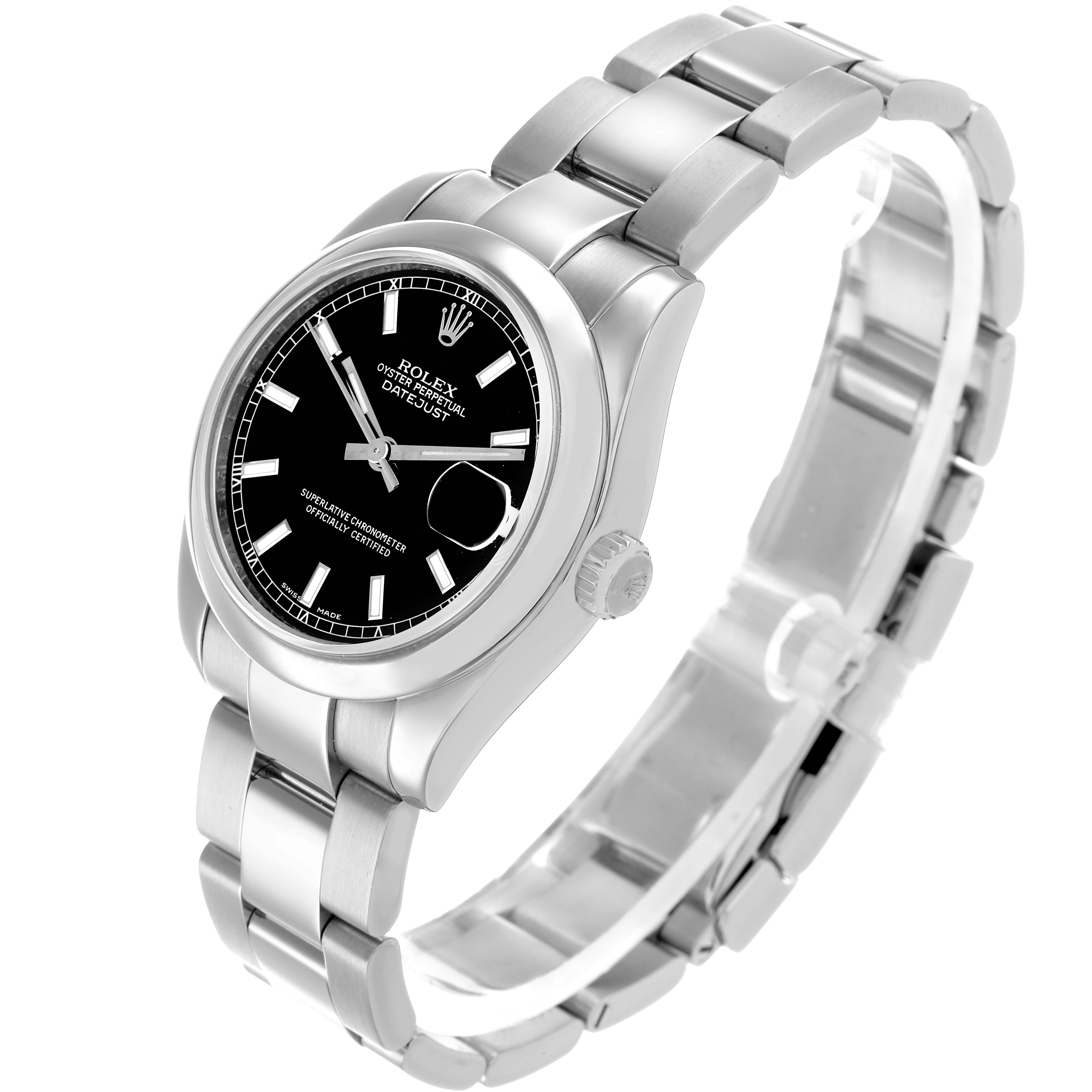 The Rolex Datejust 178240 Women's Stainless Steel Black Dial watch is shown at an angled side view, highlighting the black dial, bracelet, bezel, and crown.