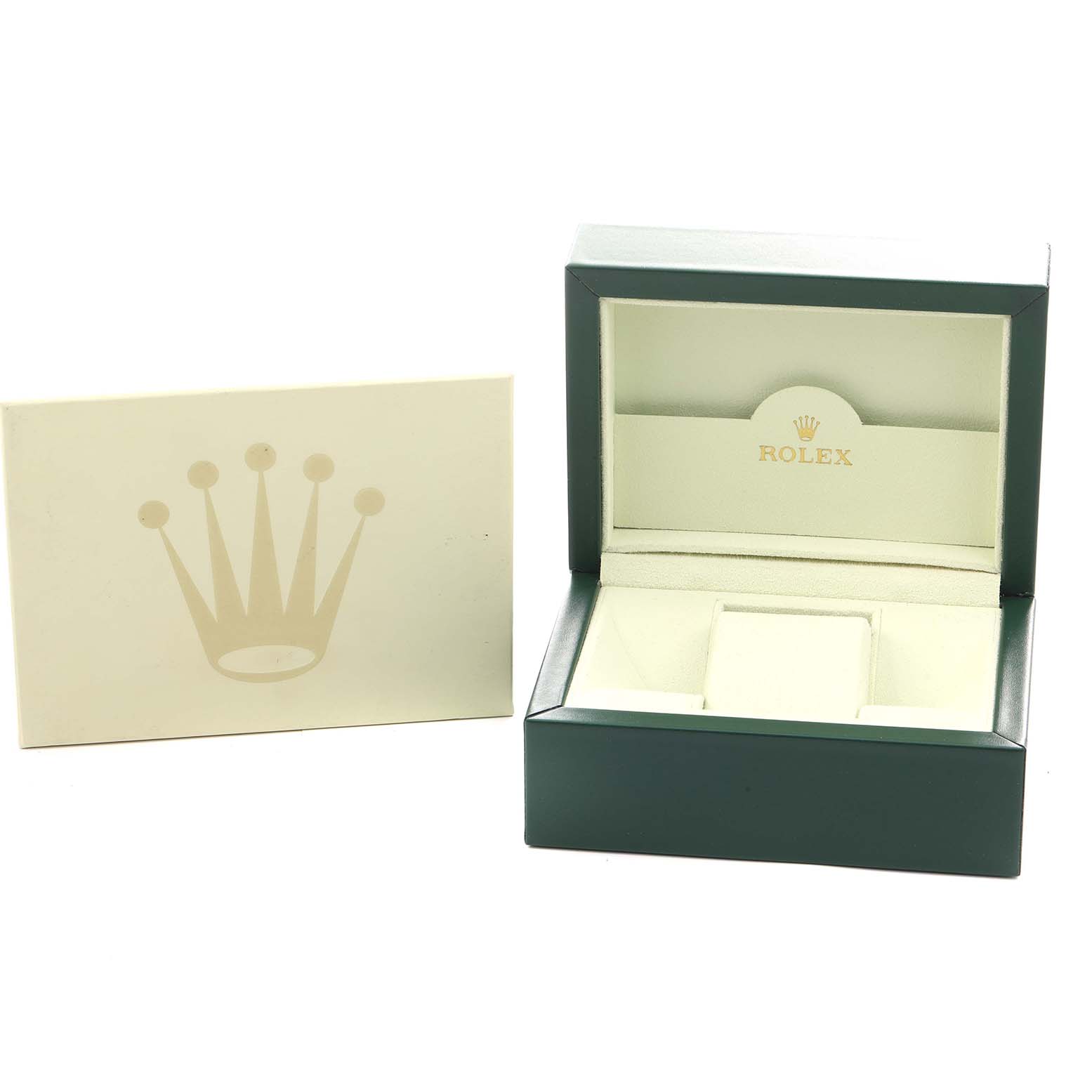 The image shows a box and card for a Rolex Datejust 178240 Women's Stainless Steel Black Dial, featuring the brand name and logo prominently displayed.
