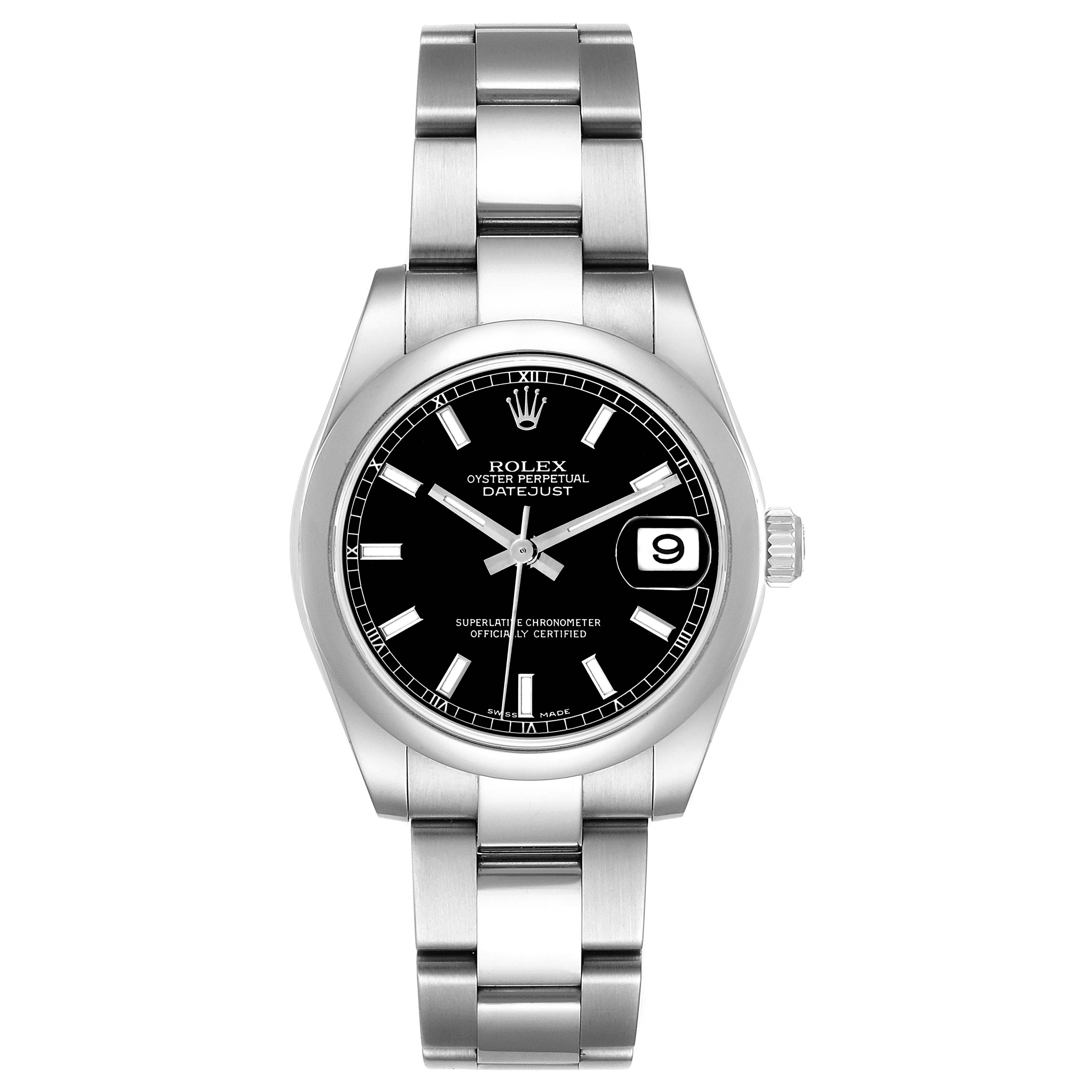 The Rolex Datejust 178240 Women's Stainless Steel Black Dial is shown from the front, displaying the dial, bezel, bracelet, and date window.