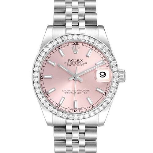 The Rolex Datejust 178384 Women's Stainless Steel Pink Dial watch is shown from a front angle, highlighting its pink dial, date display, and jubilee bracelet.