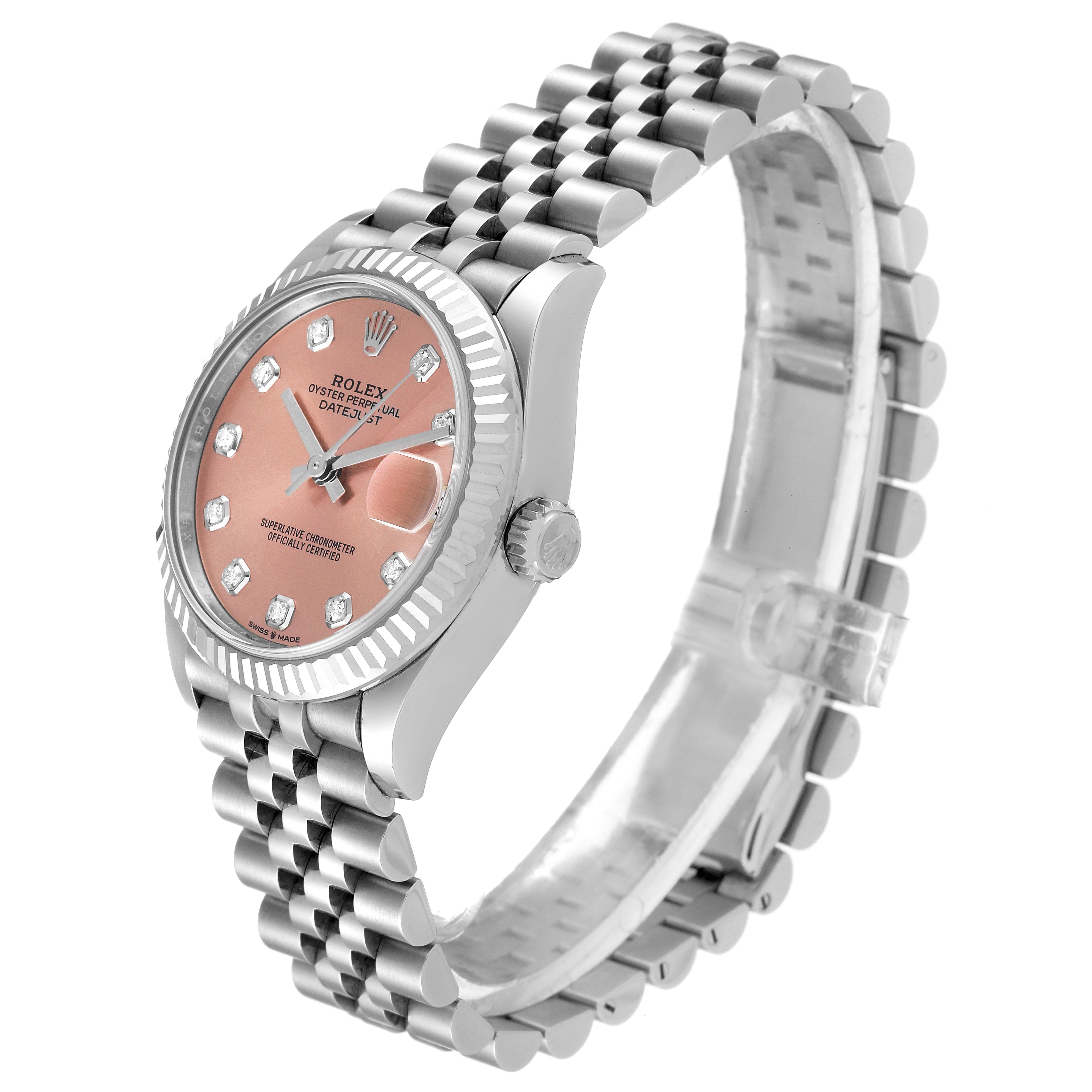 The Rolex Mid-Size 278274 Women
s Stainless Steel Pink Dial 278274 Women
s Stainless Steel Pink Dial watch is shown at a slight angle, highlighting the face, bezel, and metal bracelet.