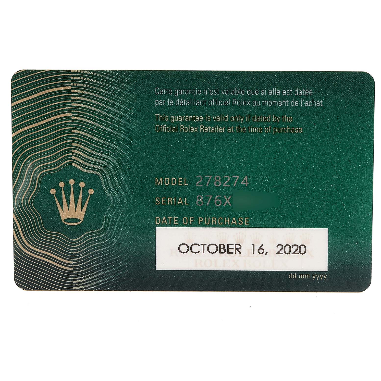 This shows a warranty card for a Rolex Mid-Size 278274 Women
s Stainless Steel Pink Dial 278274 Women
s Stainless Steel Pink Dial model 278274, with the date of purchase on October 16, 2020.