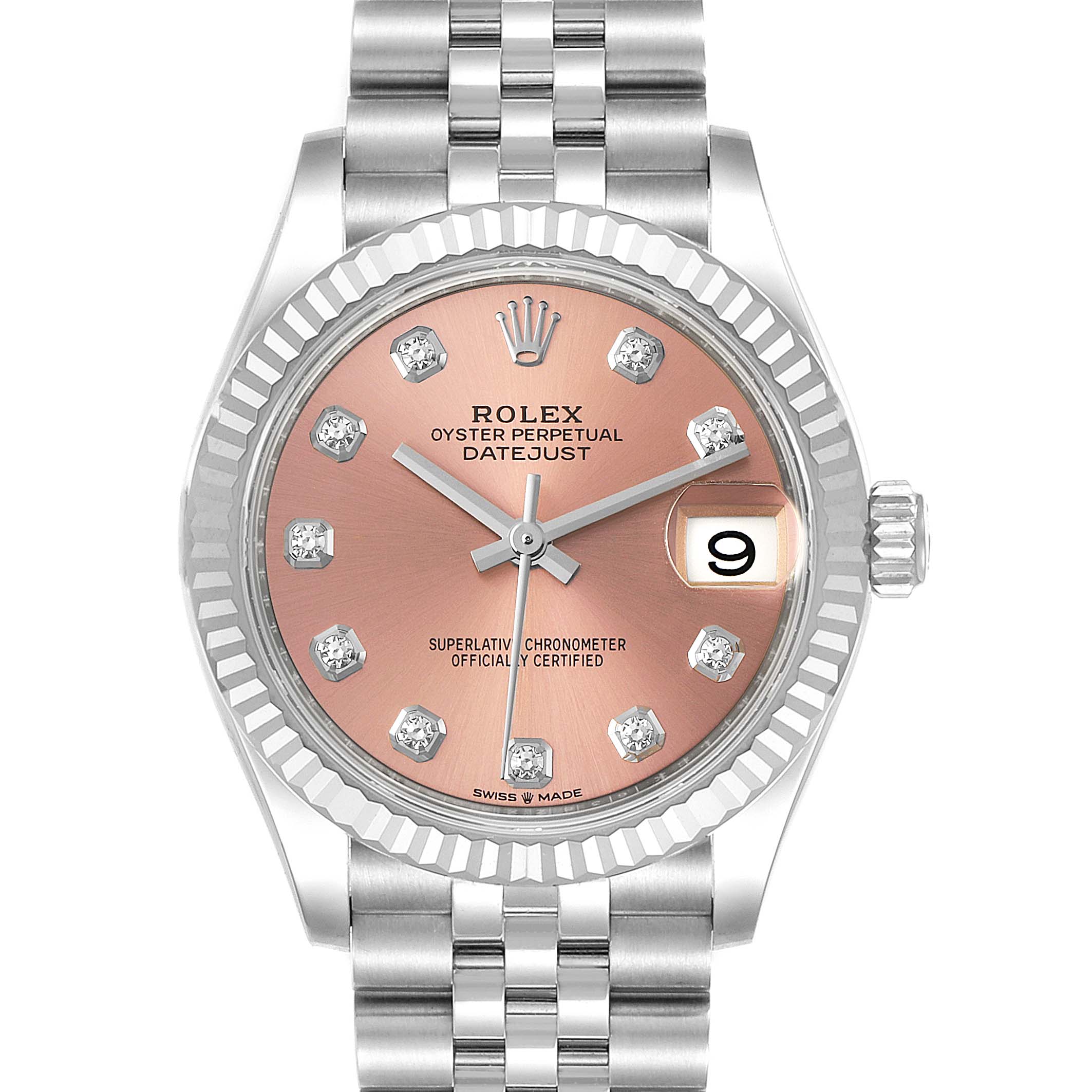 This image shows the Rolex Oyster Perpetual Datejust Mid-Size watch from a front angle, highlighting its pink dial and jubilee bracelet.
