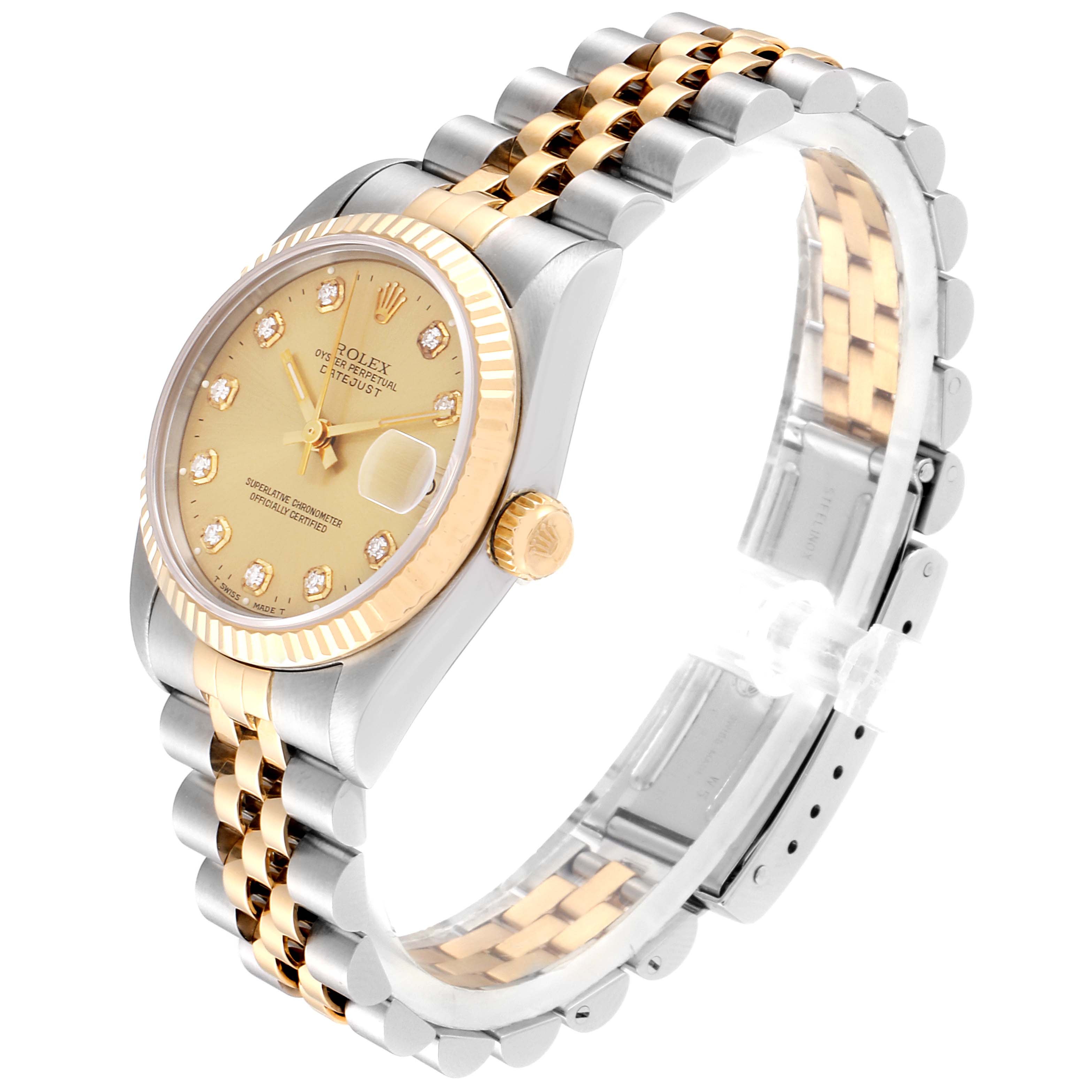 This Rolex Mid-Size 68273 Women
s Steel and Gold (two tone) Champagne Dial 68273 Women
s Steel and Gold (two tone) Champagne Dial watch is shown at an angled view, highlighting the bezel, crown, dial, and bracelet.