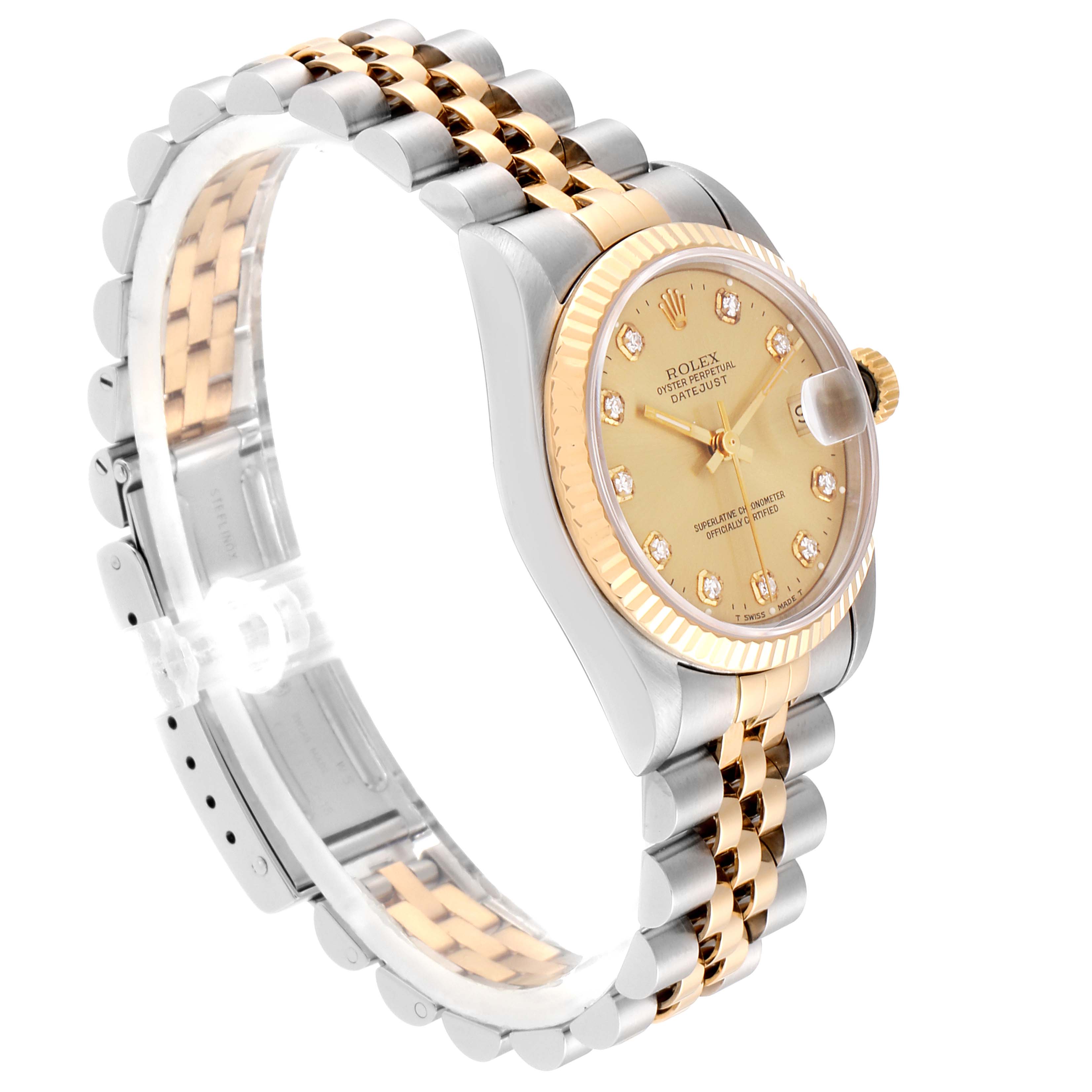 This image shows the side angle of a Rolex Mid-Size 68273 Women
s Steel and Gold (two tone) Champagne Dial 68273 Women
s Steel and Gold (two tone) Champagne Dial watch, highlighting its two-tone bracelet, fluted bezel, and diamond hour markers.