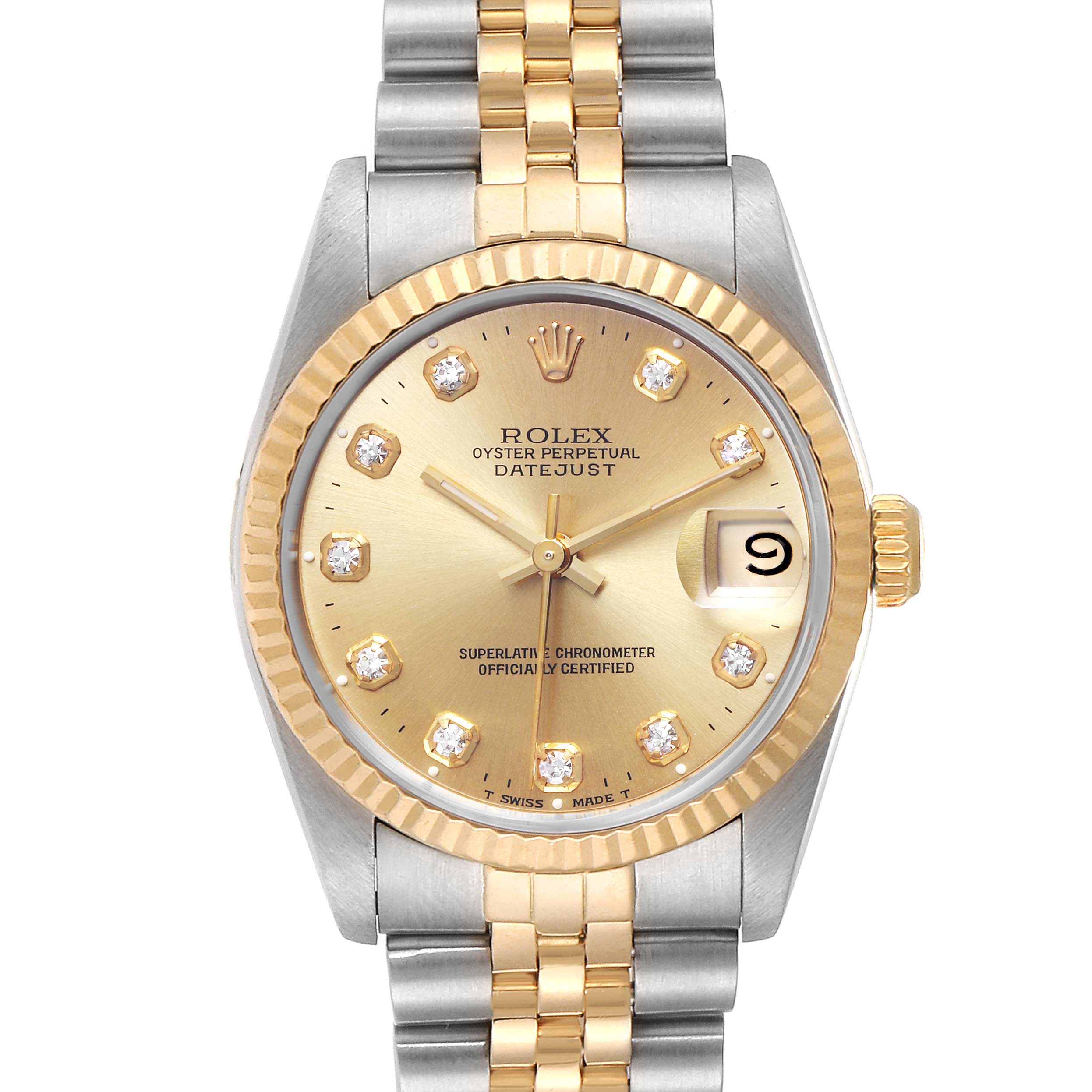 The image shows a front view of a Rolex Mid-Size 68273 Women
s Steel and Gold (two tone) Champagne Dial 68273 Women
s Steel and Gold (two tone) Champagne Dial Oyster Perpetual Datejust watch, displaying the face, bezel, and bracelet.