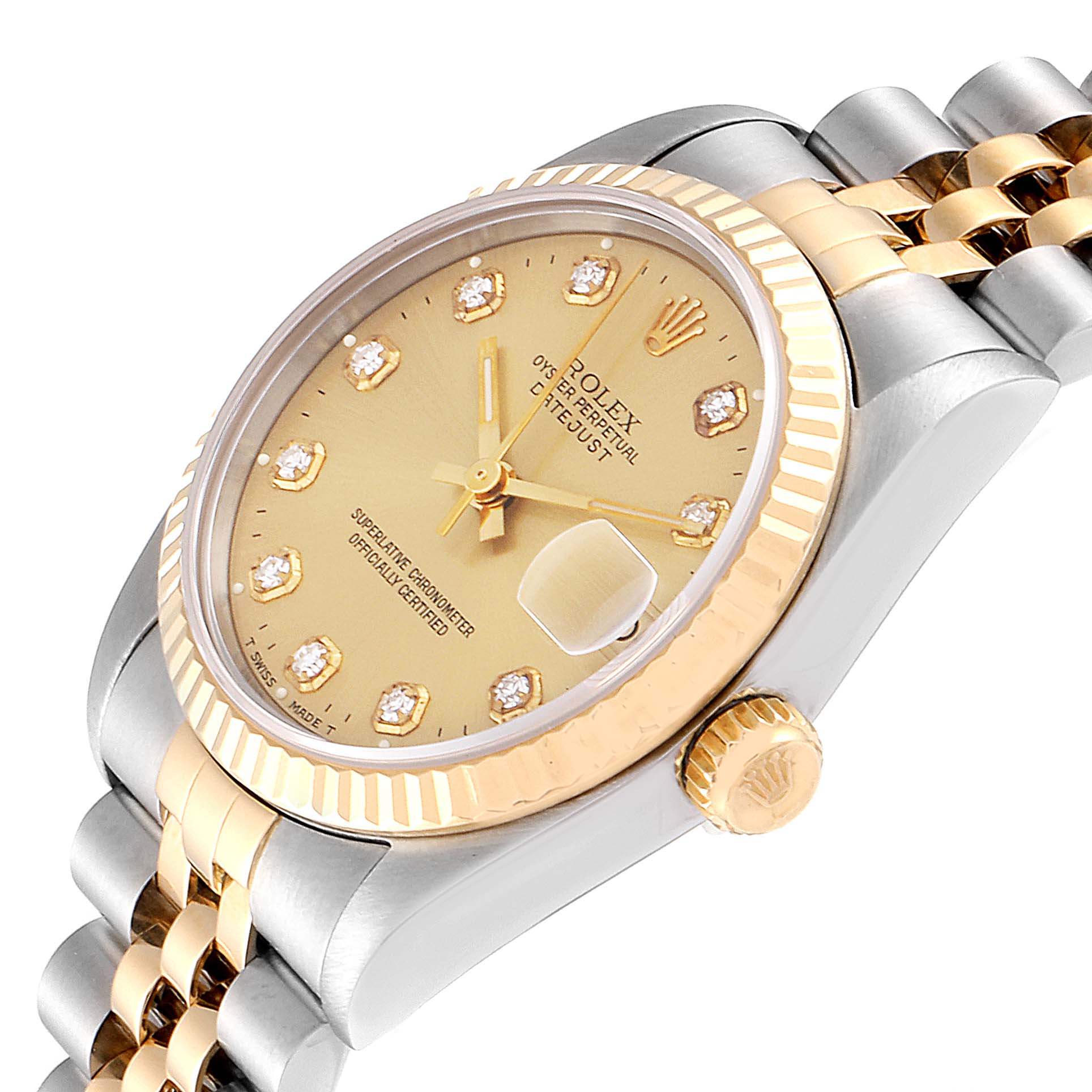 The Rolex Mid-Size 68273 Women
s Steel and Gold (two tone) Champagne Dial 68273 Women
s Steel and Gold (two tone) Champagne Dial model watch is shown at a tilted angle, highlighting its face, bezel, crown, and part of the bracelet.