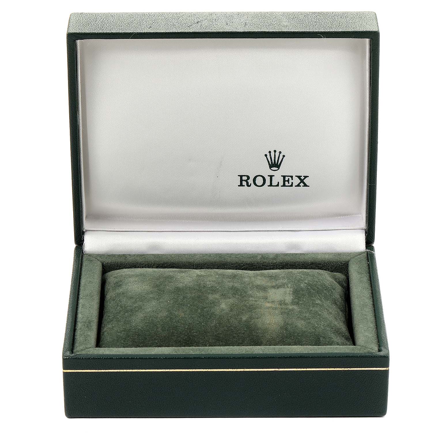 The image shows an open, green Rolex watch box for a Mid-Size model, with the interior lid featuring the Rolex logo and a cushion inside.