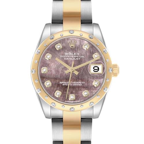 This Rolex Datejust Mid-Size watch is shown from the front, highlighting the dial, bezel, and part of the bracelet.