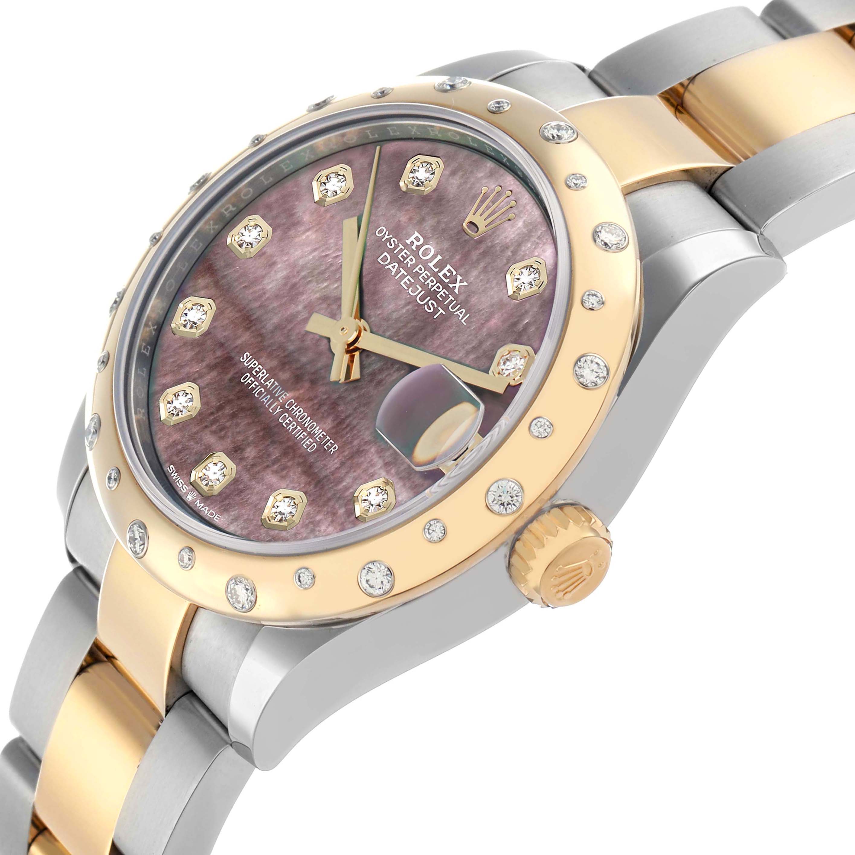 The Rolex Mid-Size 278343 Womens Steel and Gold (two tone) Mother of Pearl Dial Datejust watch is shown at an angled side view, highlighting its bezel, dial, crown, and bracelet.