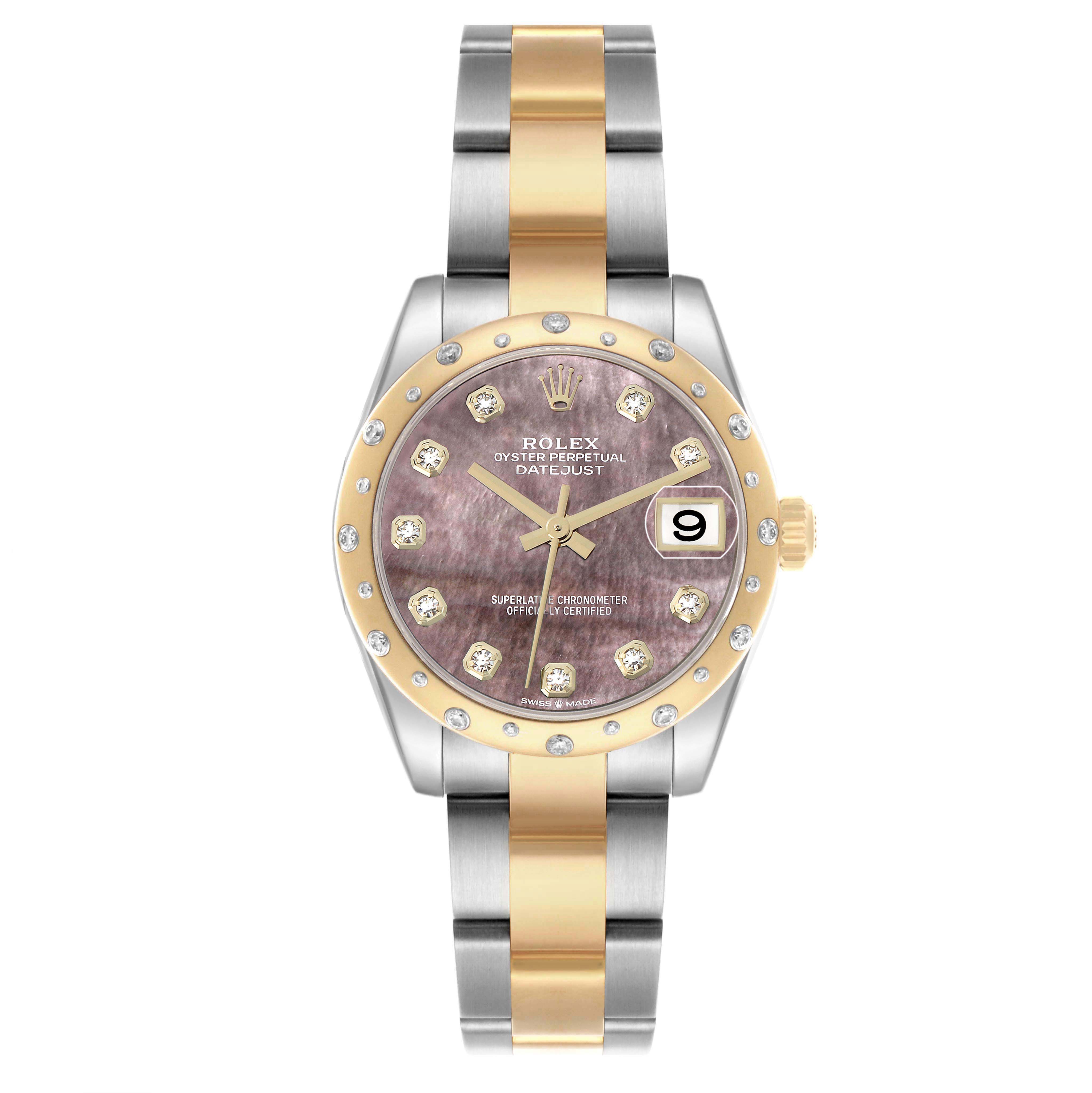 The Rolex Mid-Size 278343 Womens Steel and Gold (two tone) Mother of Pearl Dial watch is shown from the front, highlighting the dial, bezel, and two-tone bracelet.