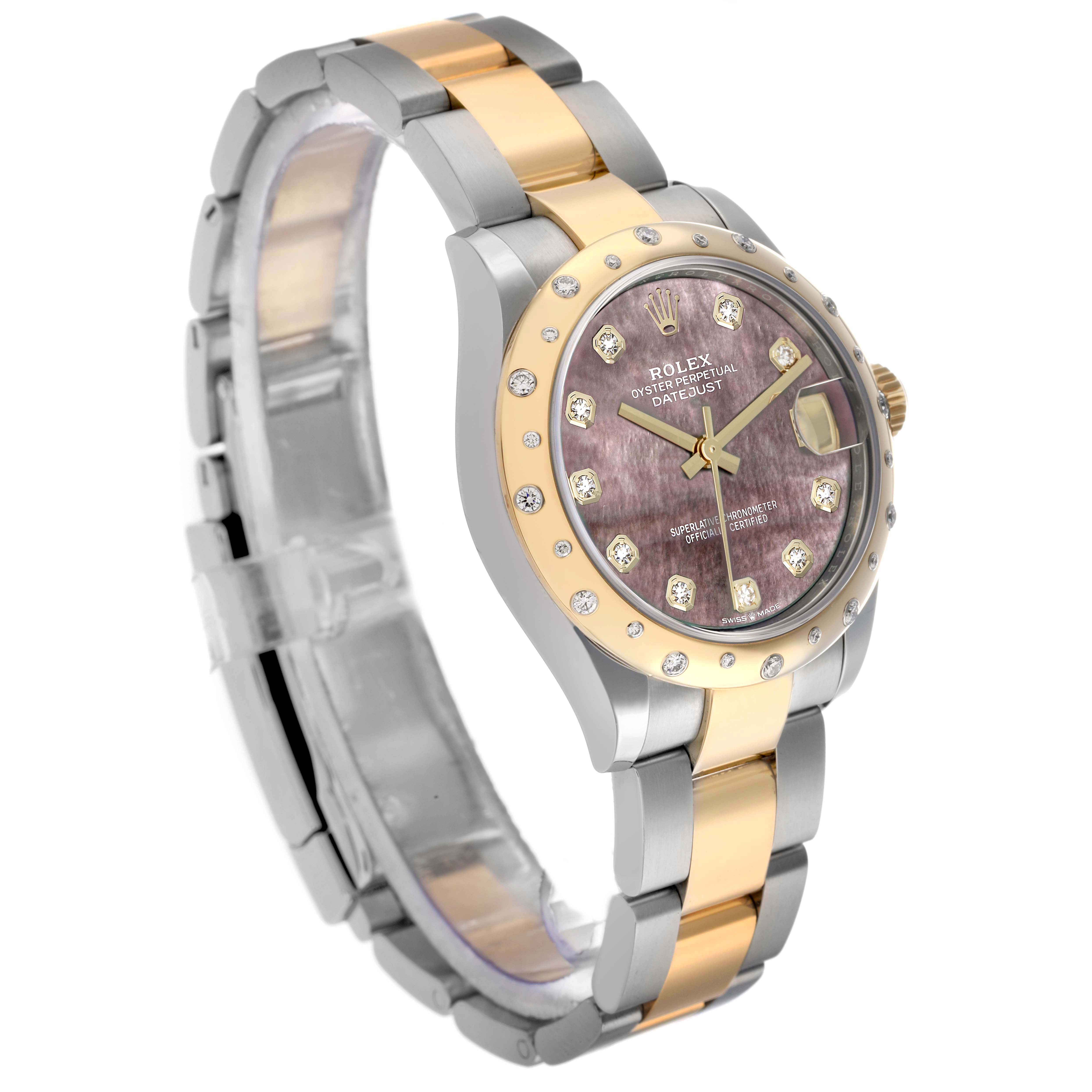 The Rolex Mid-Size 278343 Womens Steel and Gold (two tone) Mother of Pearl Dial watch is shown at a three-quarter angle, displaying its dial, bezel, and two-tone bracelet.