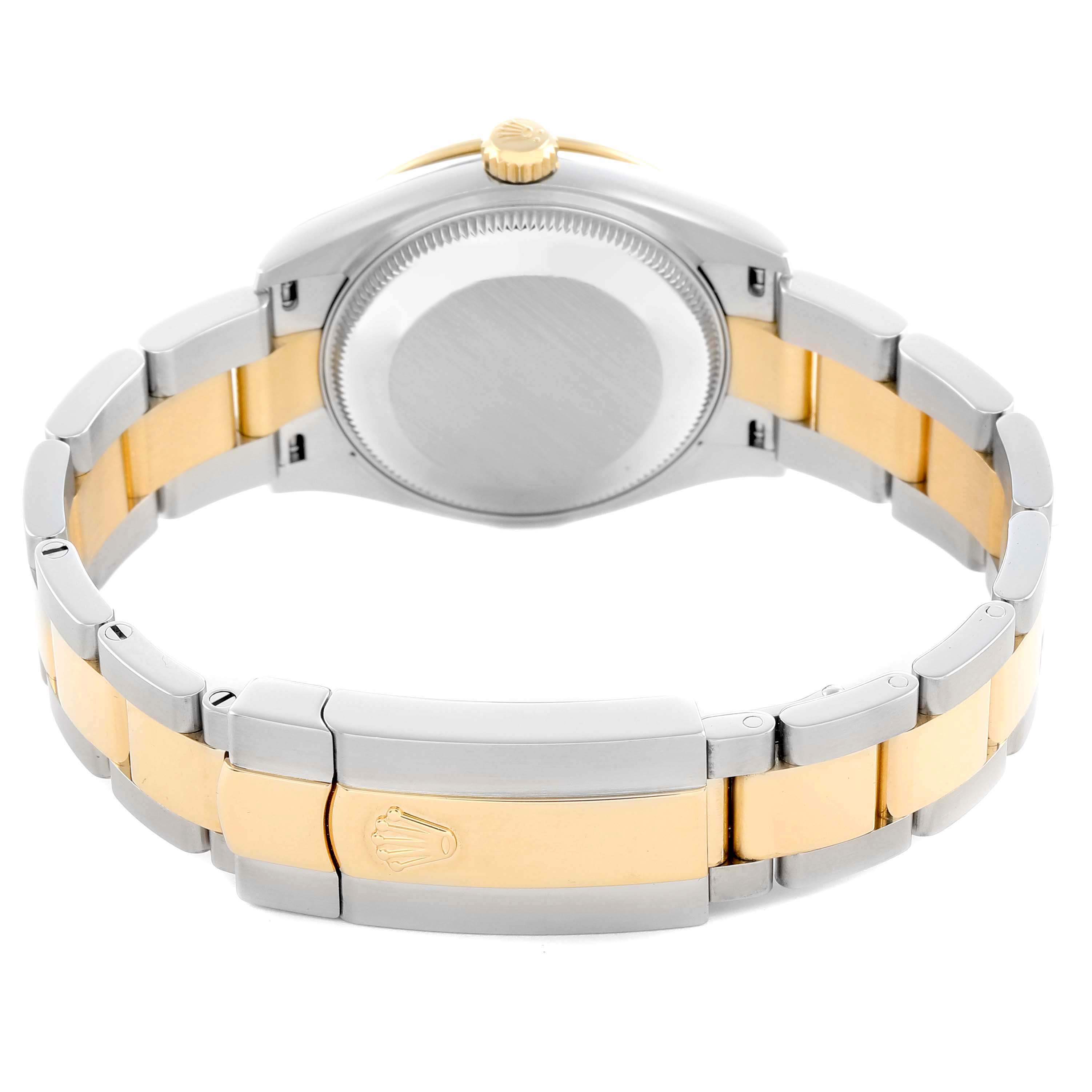 The image shows the back of the Rolex Mid-Size 278343 Womens Steel and Gold (two tone) Mother of Pearl Dial watch, highlighting its two-tone bracelet and clasp.