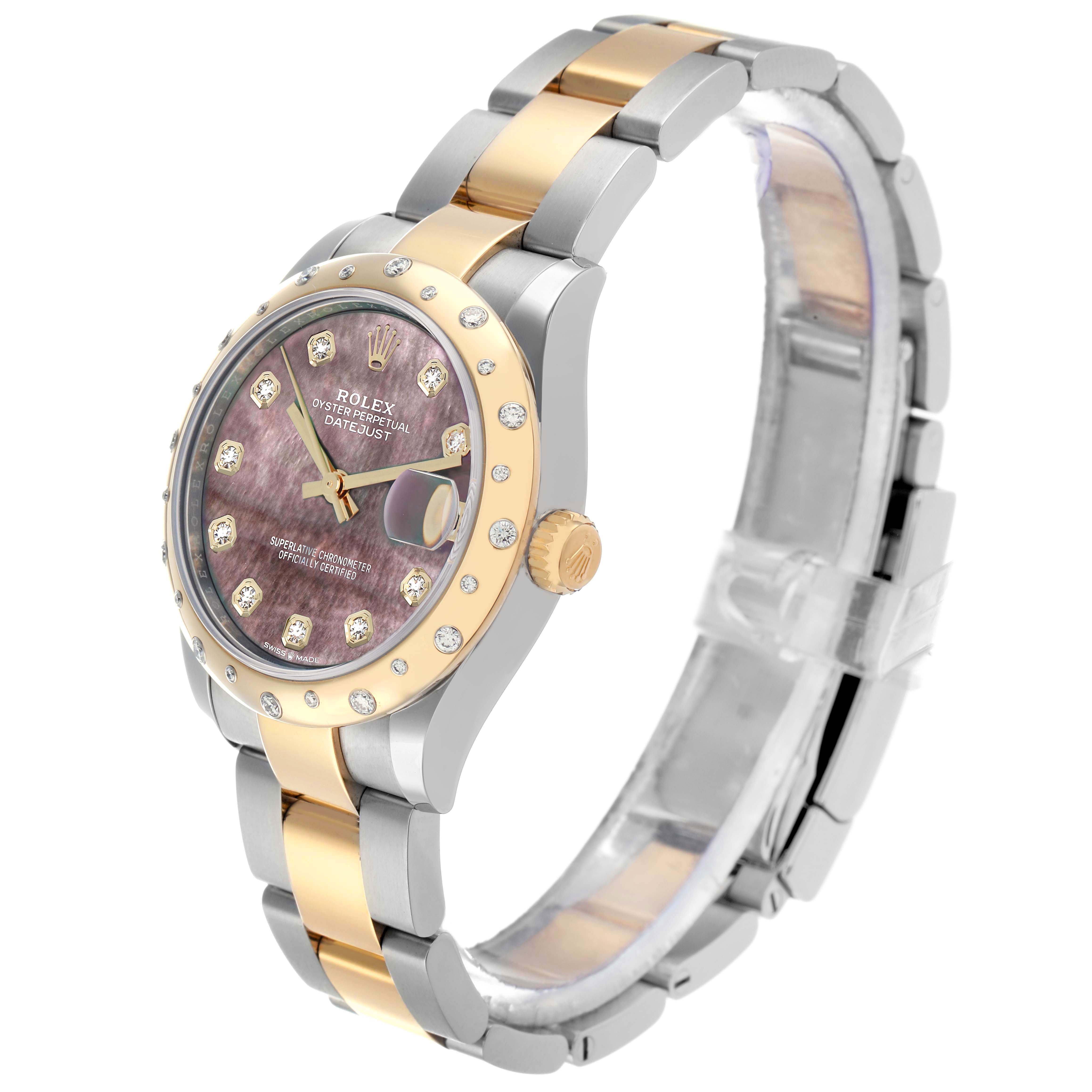 The Rolex Mid-Size 278343 Womens Steel and Gold (two tone) Mother of Pearl Dial Oyster Perpetual Datejust is shown at a three-quarter angle, highlighting the dial, bezel, and bracelet.