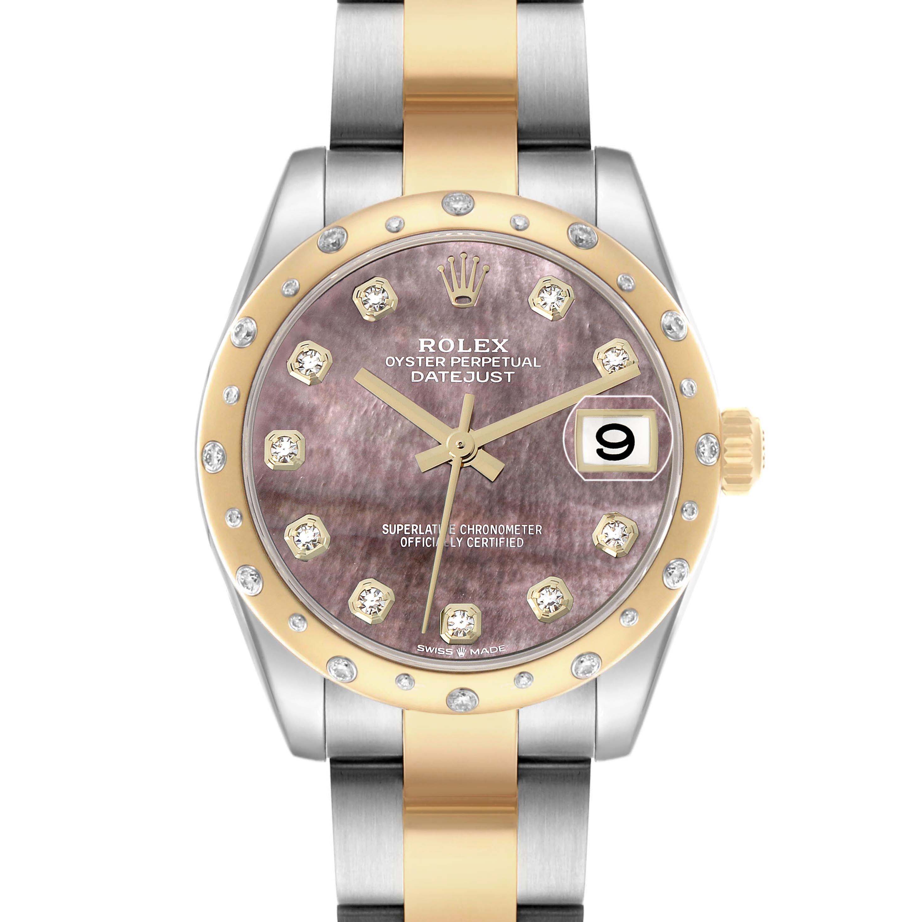 The Rolex Mid-Size 278343 Womens Steel and Gold (two tone) Mother of Pearl Dial watch is shown from the front, displaying the bezel, dial, hands, date window, and part of the bracelet.