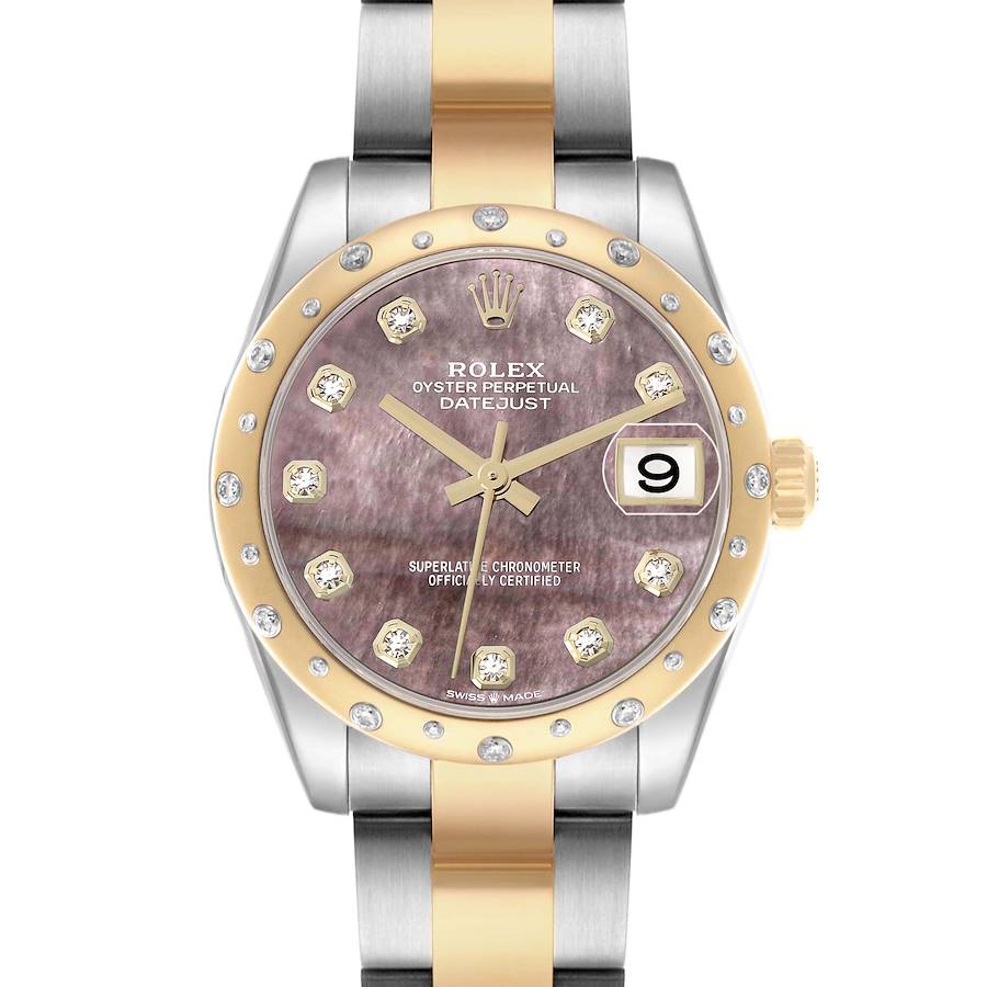 The Rolex Mid-Size 278343 Womens Steel and Gold (two tone) Mother of Pearl Dial watch is shown from the front, displaying the bezel, dial, hands, date window, and part of the bracelet.