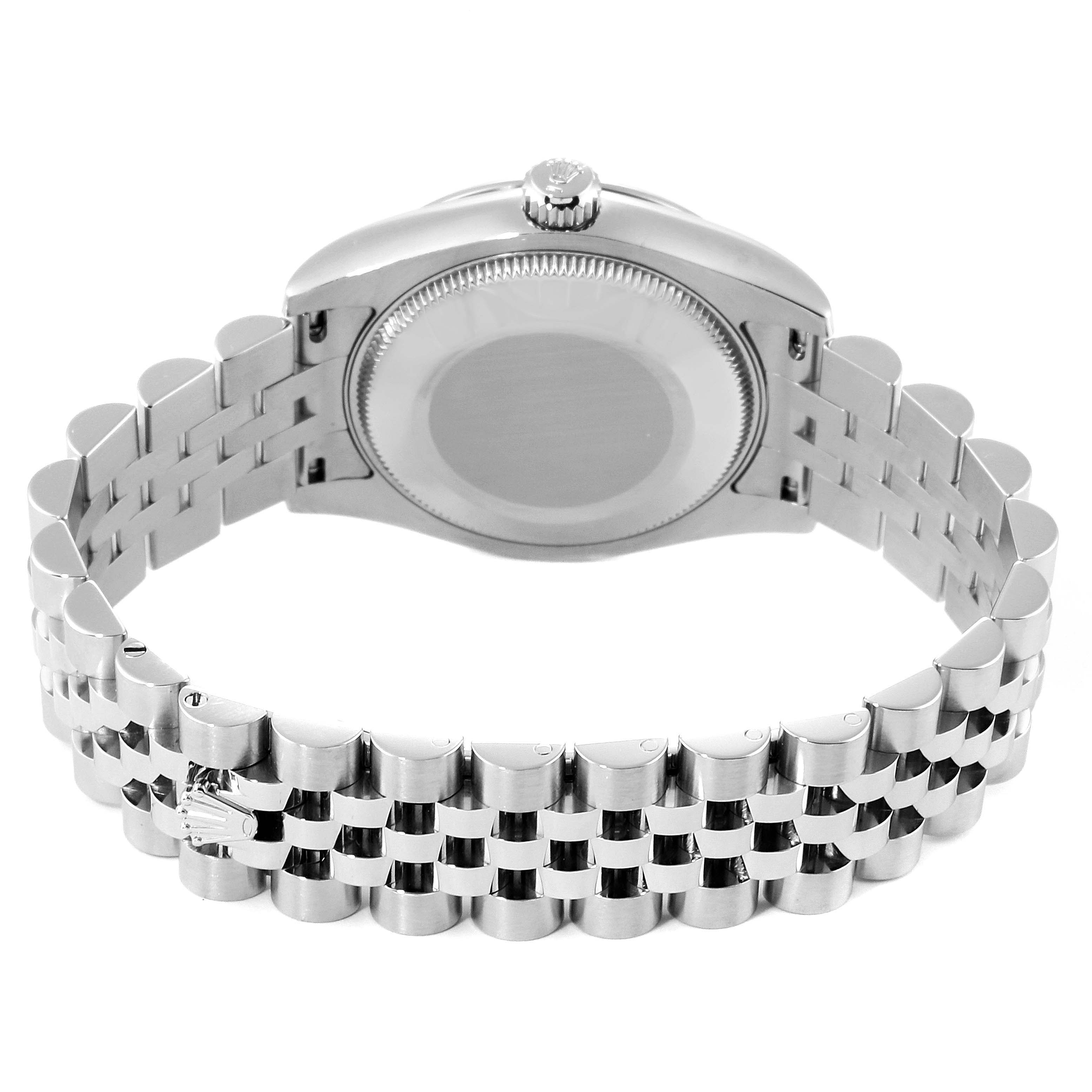 This image shows the back of a Rolex Mid-Size 178274 Women
s Stainless Steel Blue Dial 178274 Women
s Stainless Steel Blue Dial model watch and its stainless steel bracelet.